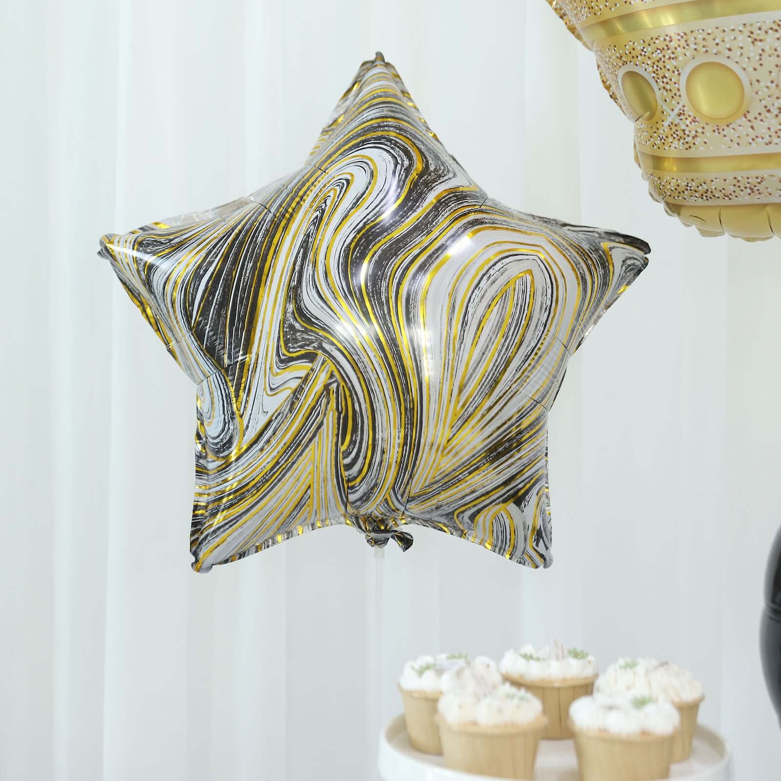 Set of 6 Gold/Black Marble Mylar Foil Party Balloon Set, Star, Round and Crown Balloon Bouquet With Ribbon, Party Decorations - Image 10