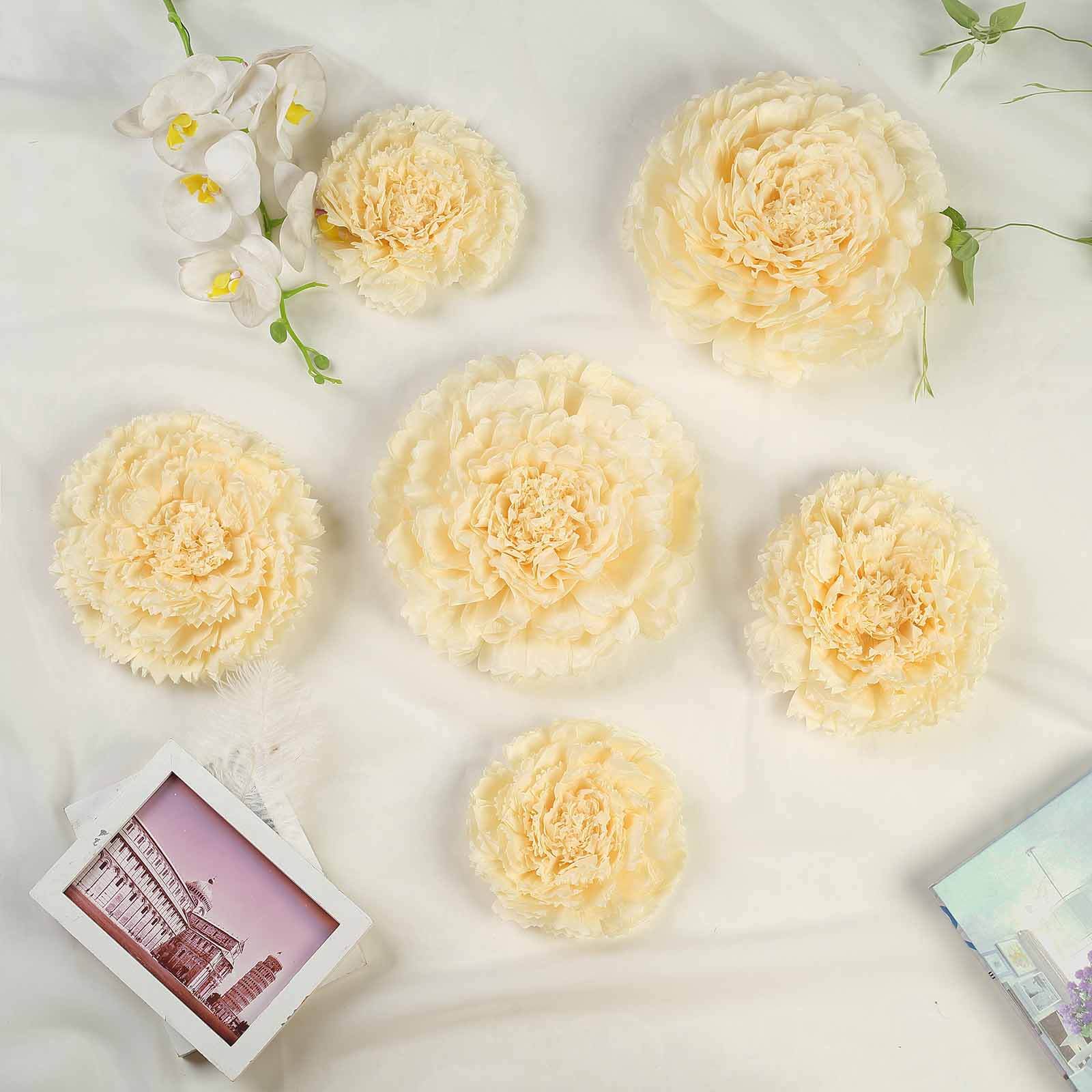 Set of 6 Ivory / Cream Carnation 3D Paper Flowers Wall Decor 7",9",11"