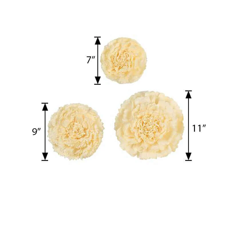 Set of 6 Ivory / Cream Carnation 3D Paper Flowers Wall Decor 7",9",11" - Image 3