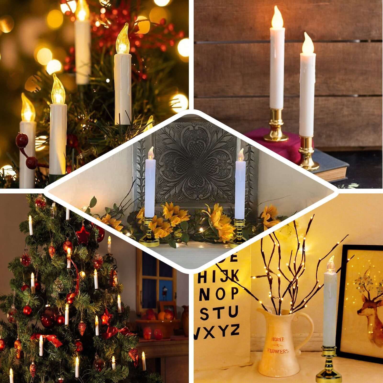 Set of 6 LED Taper Candles 10" Flickering White - Battery Operated Window Candles with Removable Gold Holders - Image 5