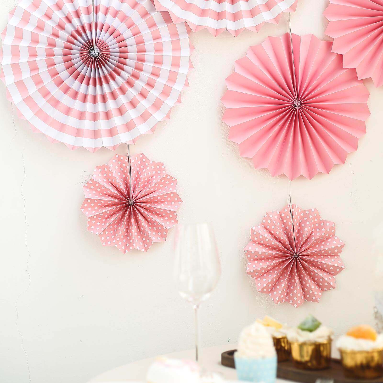 Set of 6 Pink Hanging Paper Fan Decorations, Pinwheel Wall Backdrop Party Kit 8", 12", 16" - Image 10
