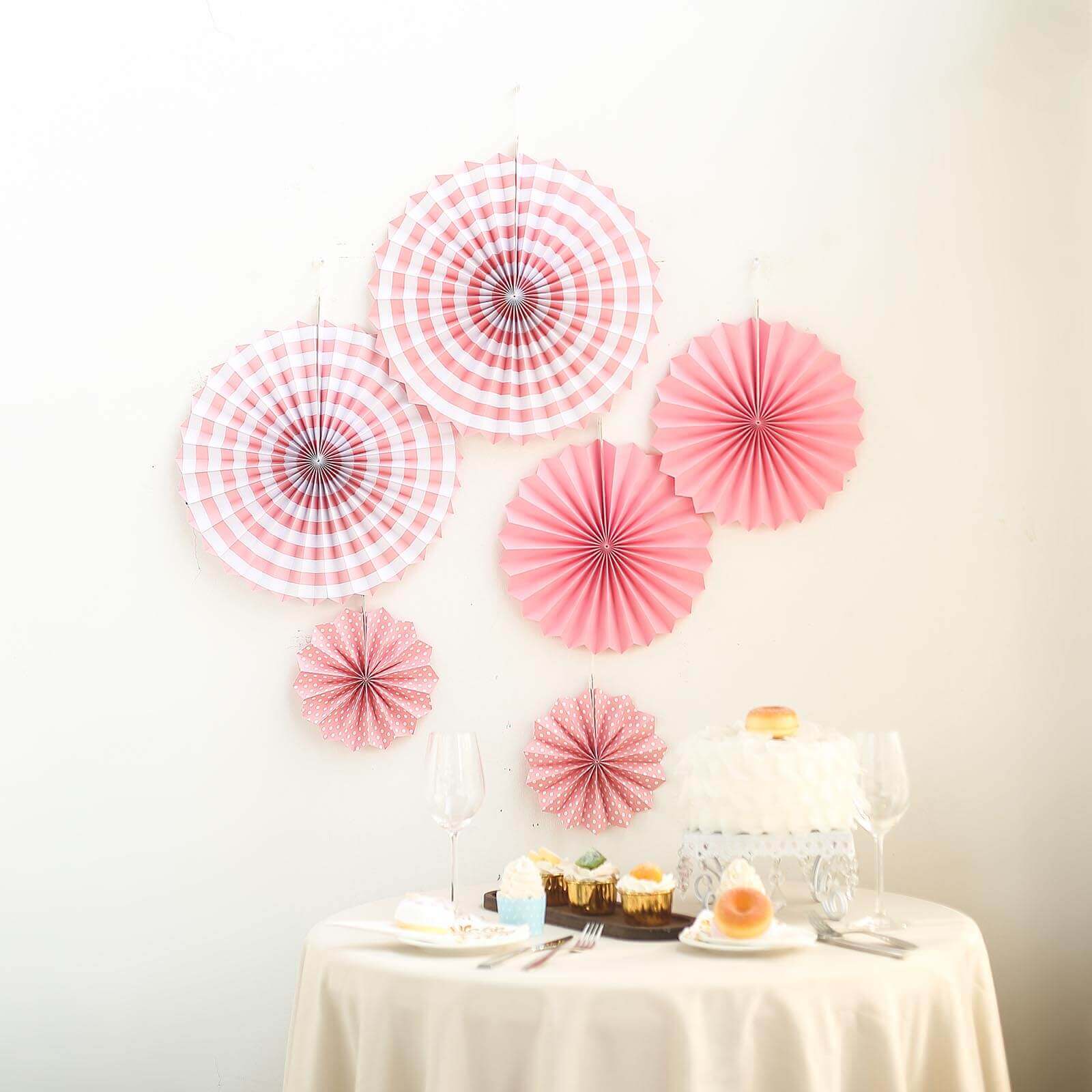 Set of 6 Pink Hanging Paper Fan Decorations, Pinwheel Wall Backdrop Party Kit 8", 12", 16" - Image 11