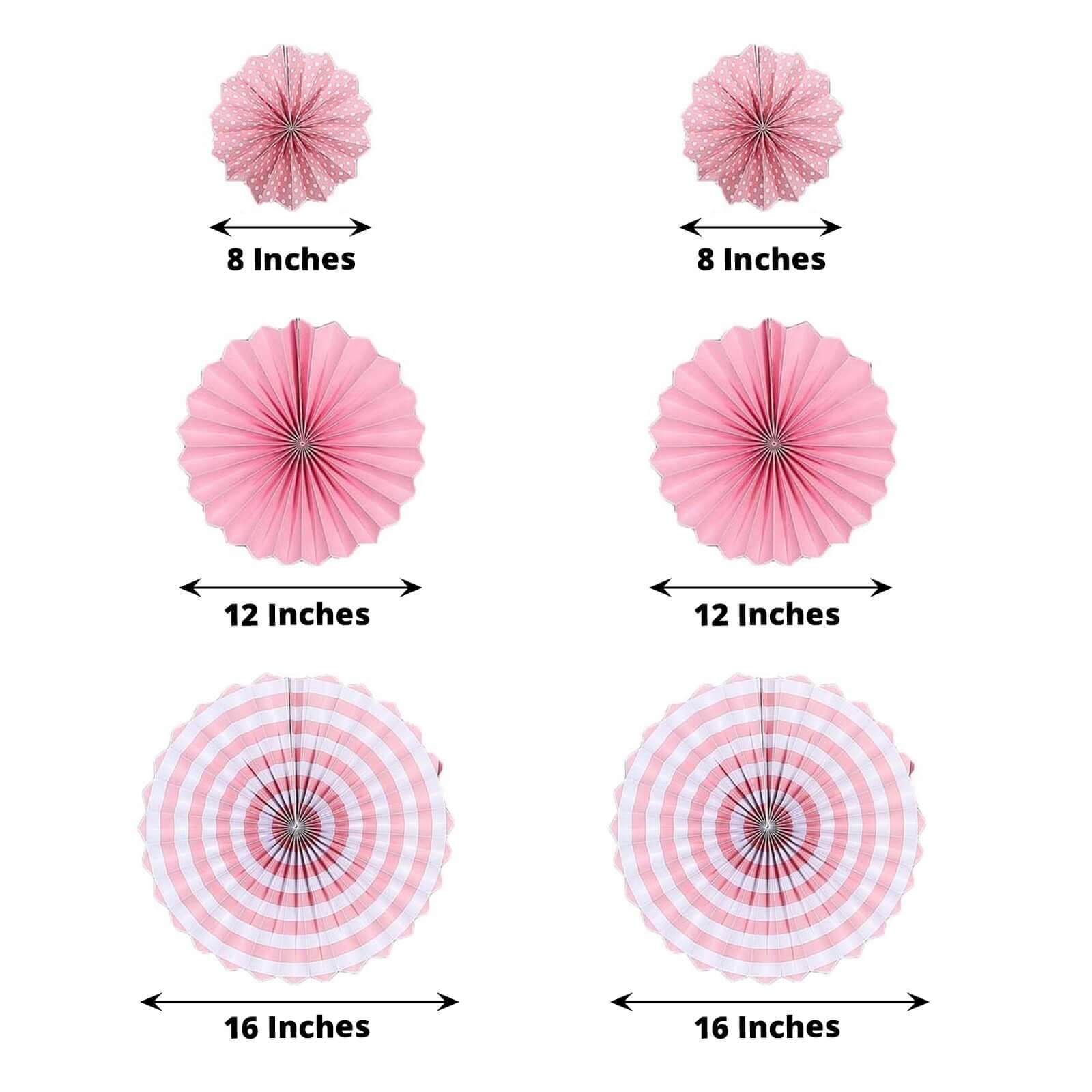 Set of 6 Pink Hanging Paper Fan Decorations, Pinwheel Wall Backdrop Party Kit 8", 12", 16" - Image 3