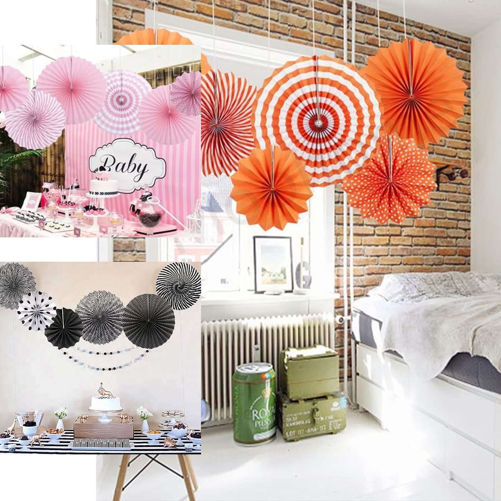 Set of 6 Pink Hanging Paper Fan Decorations, Pinwheel Wall Backdrop Party Kit 8", 12", 16" - Image 5