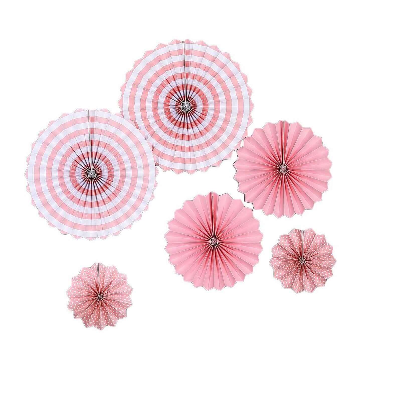 Set of 6 Pink Hanging Paper Fan Decorations, Pinwheel Wall Backdrop Party Kit 8", 12", 16" - Image 6