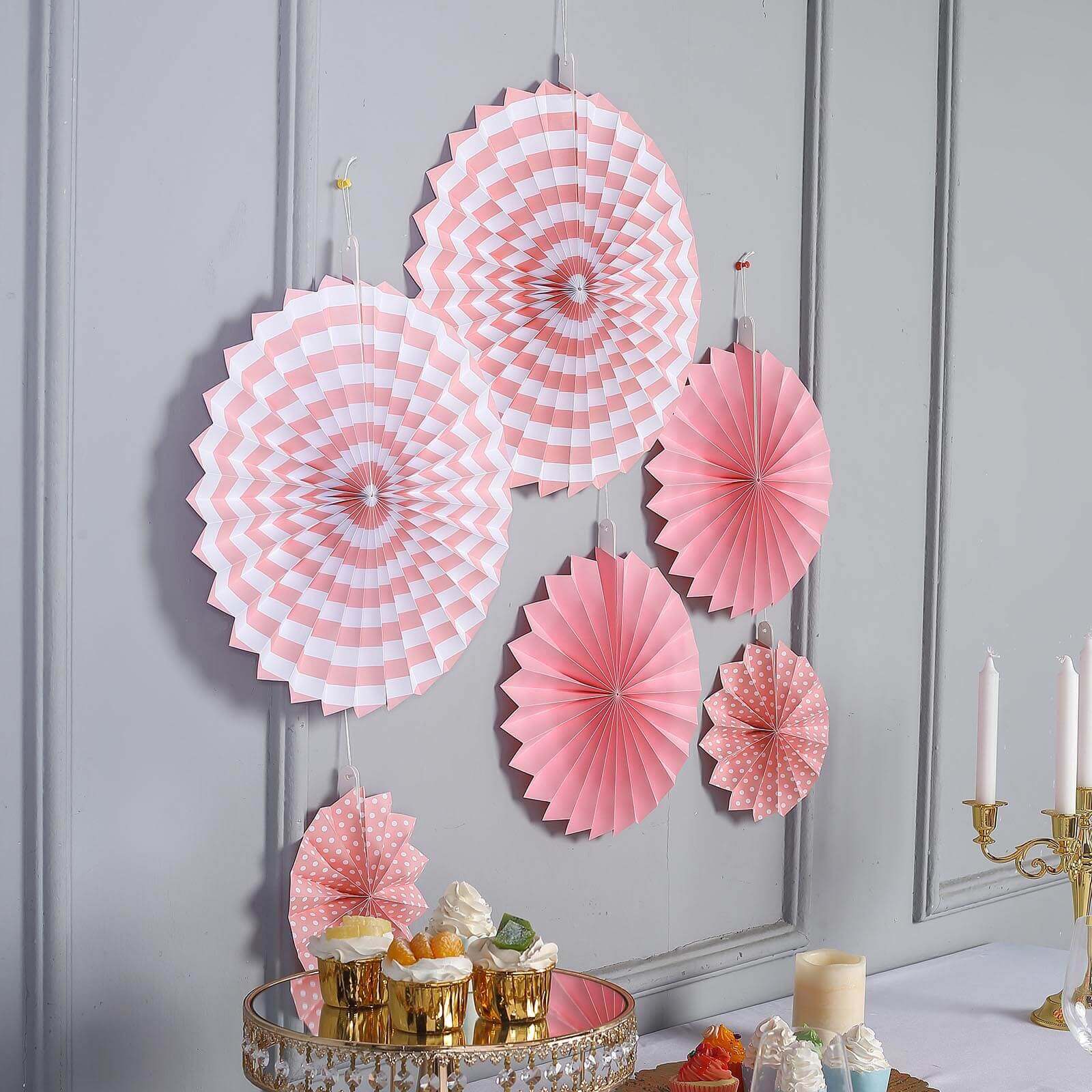 Set of 6 Pink Hanging Paper Fan Decorations, Pinwheel Wall Backdrop Party Kit 8", 12", 16" - Image 7