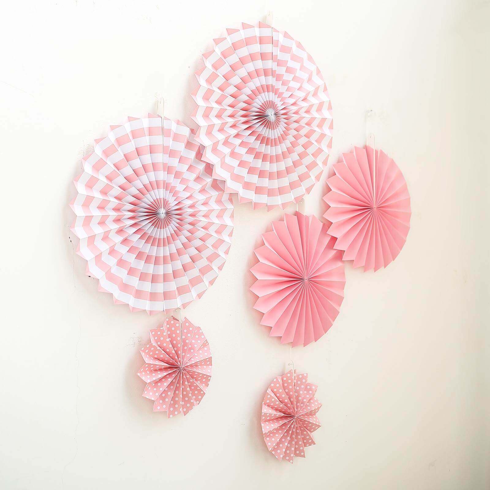 Set of 6 Pink Hanging Paper Fan Decorations, Pinwheel Wall Backdrop Party Kit 8", 12", 16" - Image 8