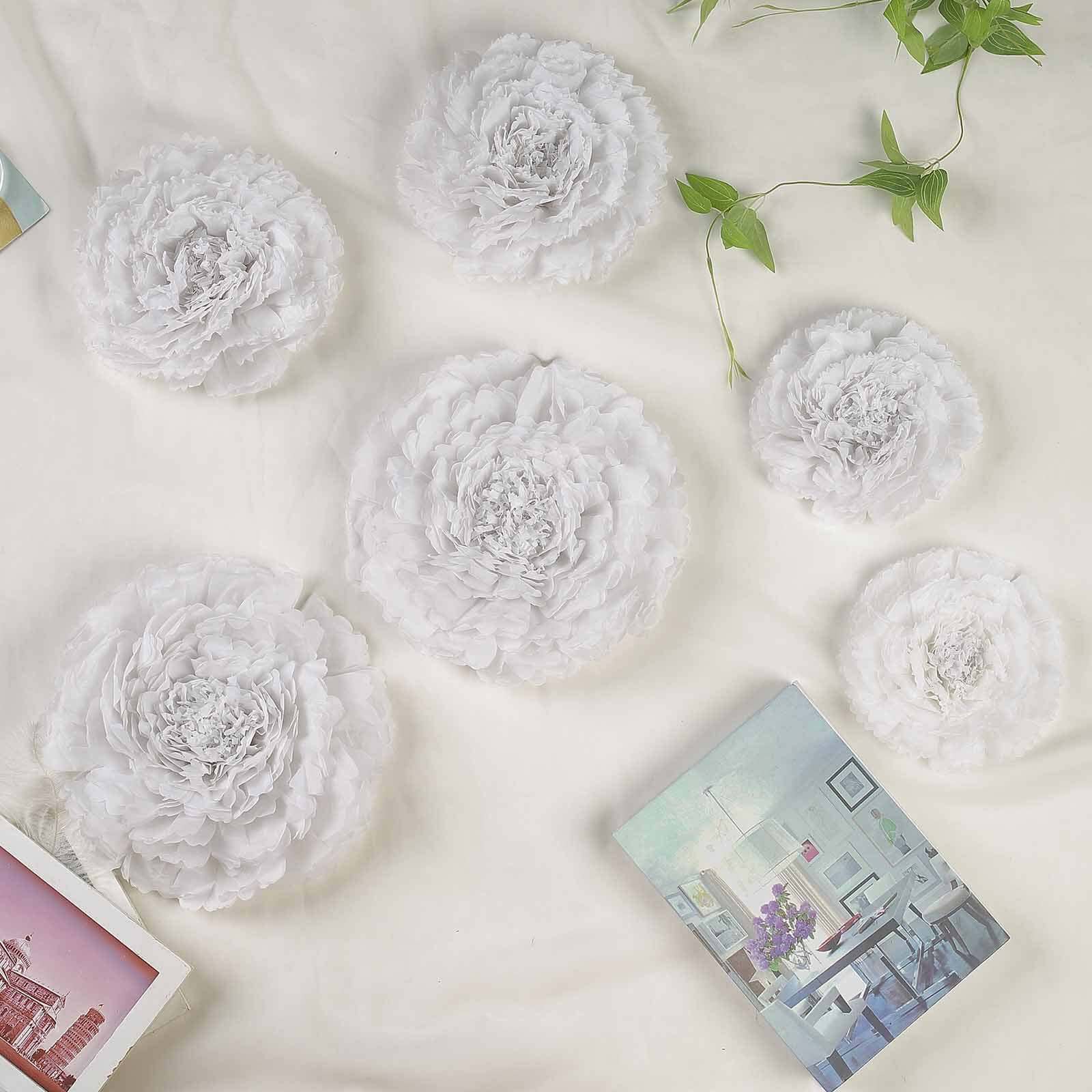Set of 6 White Carnation 3D Paper Flowers Wall Decor 7",9",11"