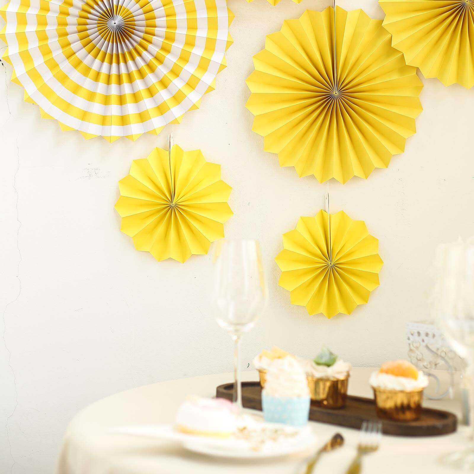 Set of 6 Yellow Hanging Paper Fan Decorations, Pinwheel Wall Backdrop Party Kit 8", 12", 16" - Image 10