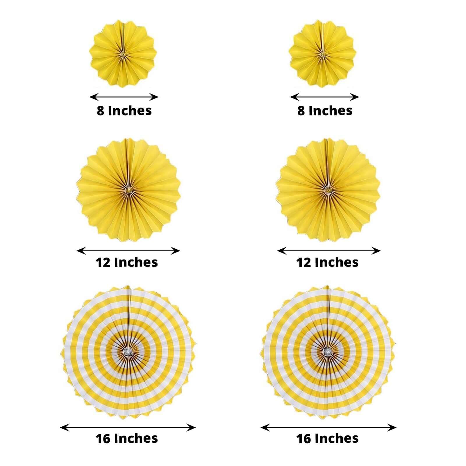 Set of 6 Yellow Hanging Paper Fan Decorations, Pinwheel Wall Backdrop Party Kit 8", 12", 16" - Image 3