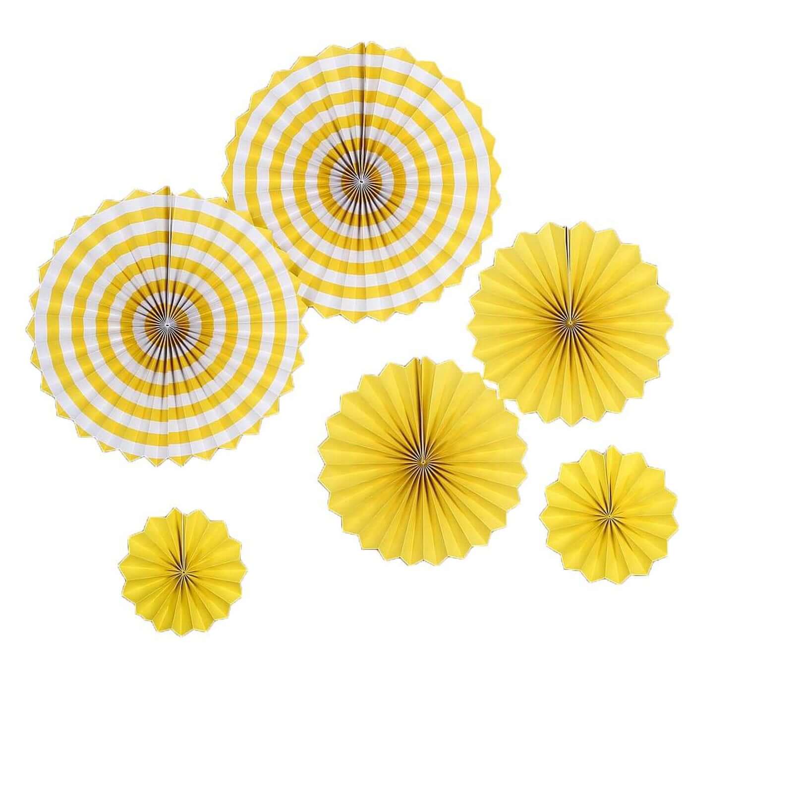 Set of 6 Yellow Hanging Paper Fan Decorations, Pinwheel Wall Backdrop Party Kit 8", 12", 16" - Image 7