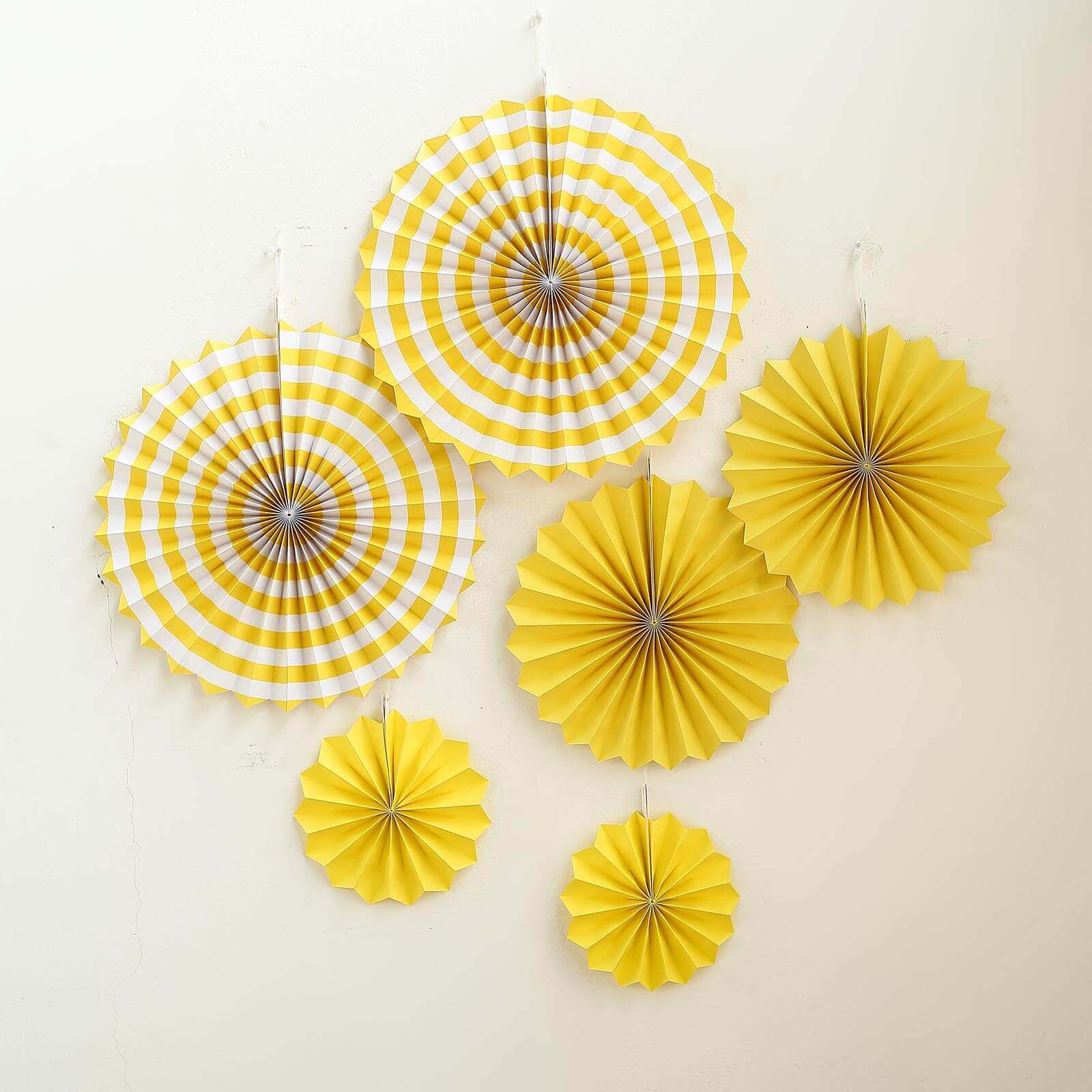 Set of 6 Yellow Hanging Paper Fan Decorations, Pinwheel Wall Backdrop Party Kit 8", 12", 16" - Image 9