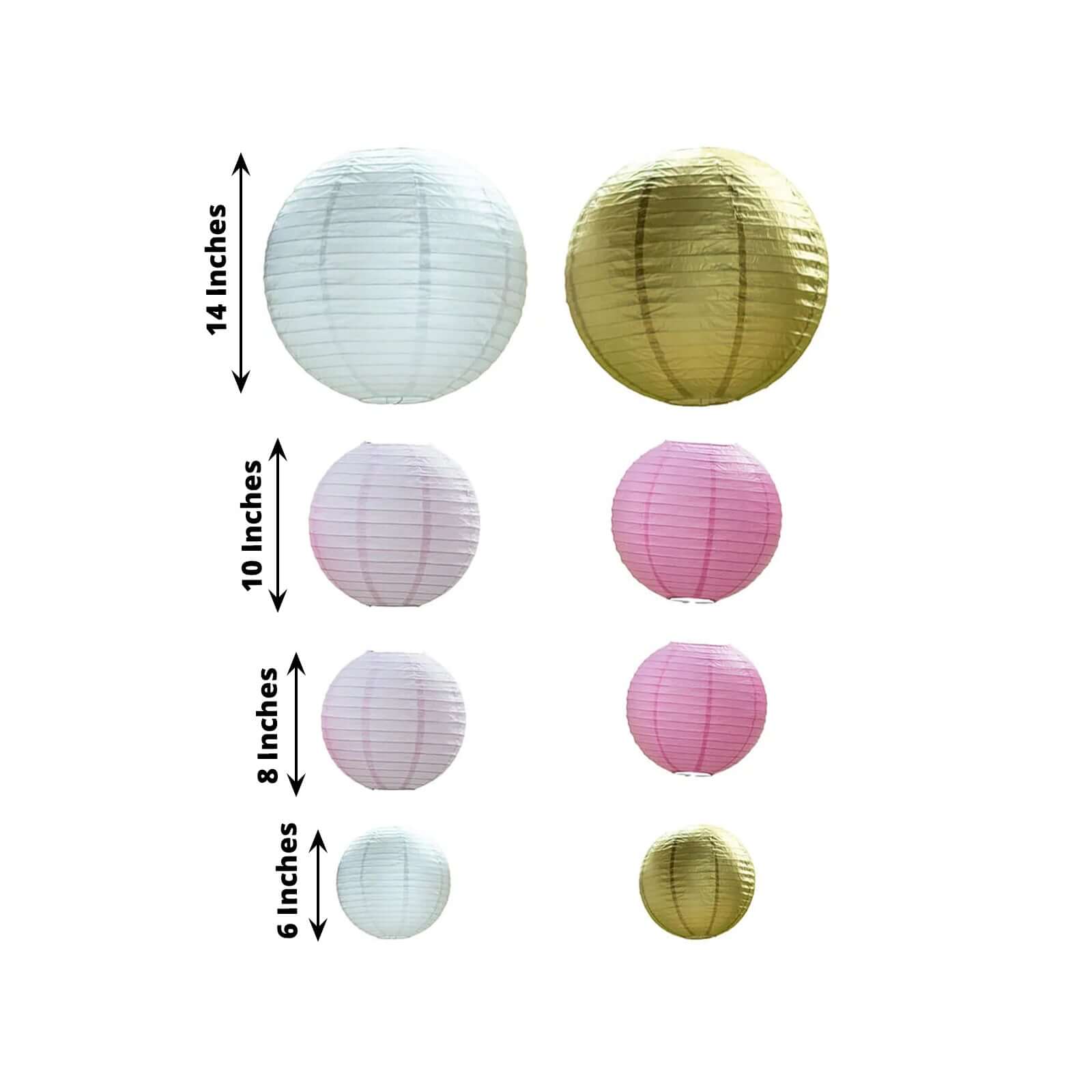 Set of 8 Mixed Blush Gold Hanging Paper Lanterns, Assorted Size Decorative Round Chinese Sky Lanterns - 6",8",10",14" - Image 3