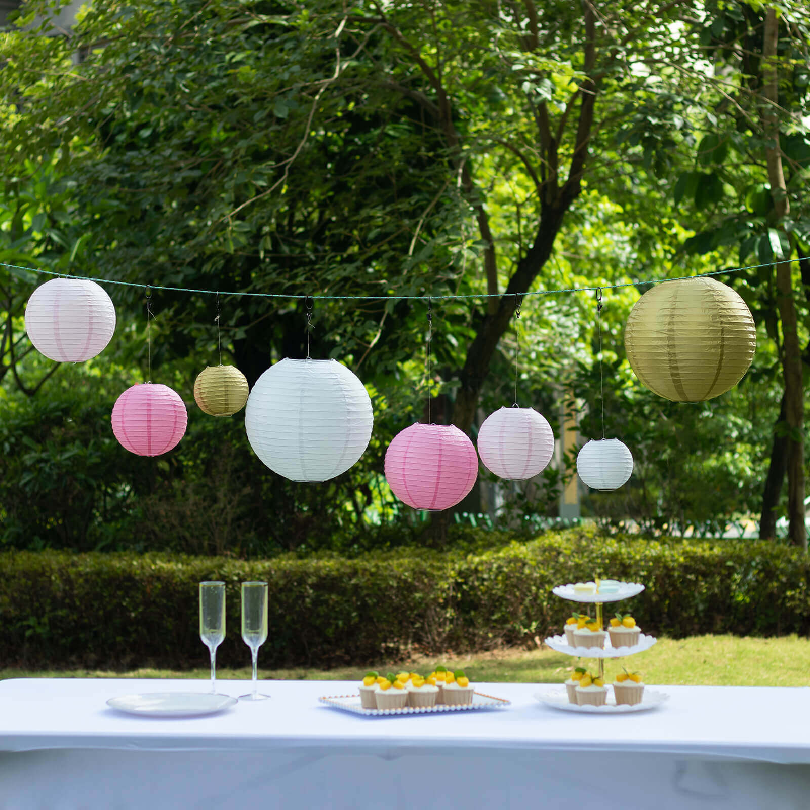 Set of 8 Mixed Blush Gold Hanging Paper Lanterns, Assorted Size Decorative Round Chinese Sky Lanterns - 6",8",10",14" - Image 8
