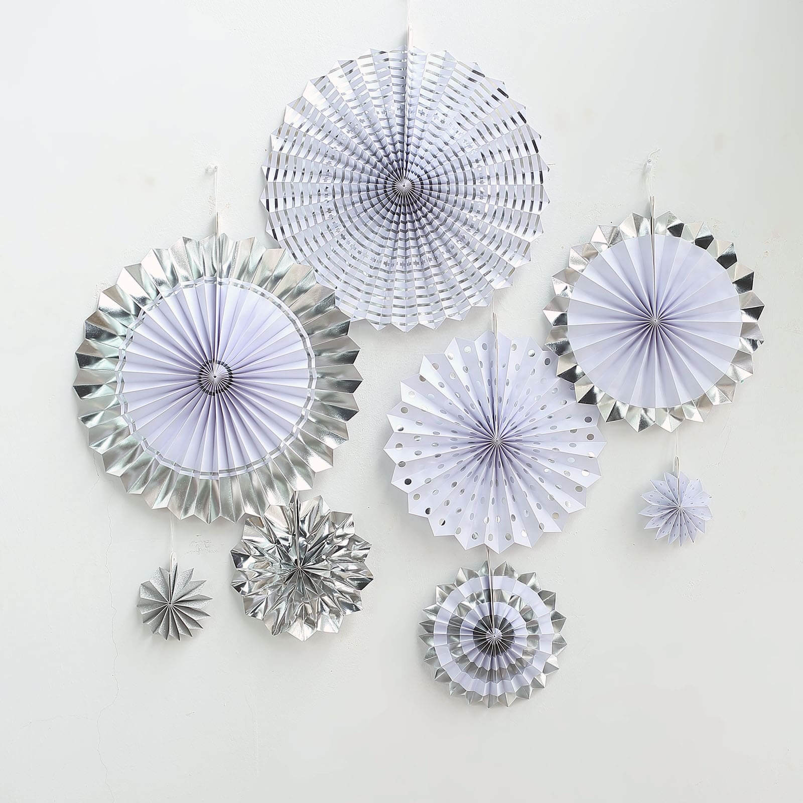 Set of 8 Silver / White Hanging Paper Fan Decorations, Pinwheel Wall Backdrop Party Kit 4", 8", 12", 16" - Image 11