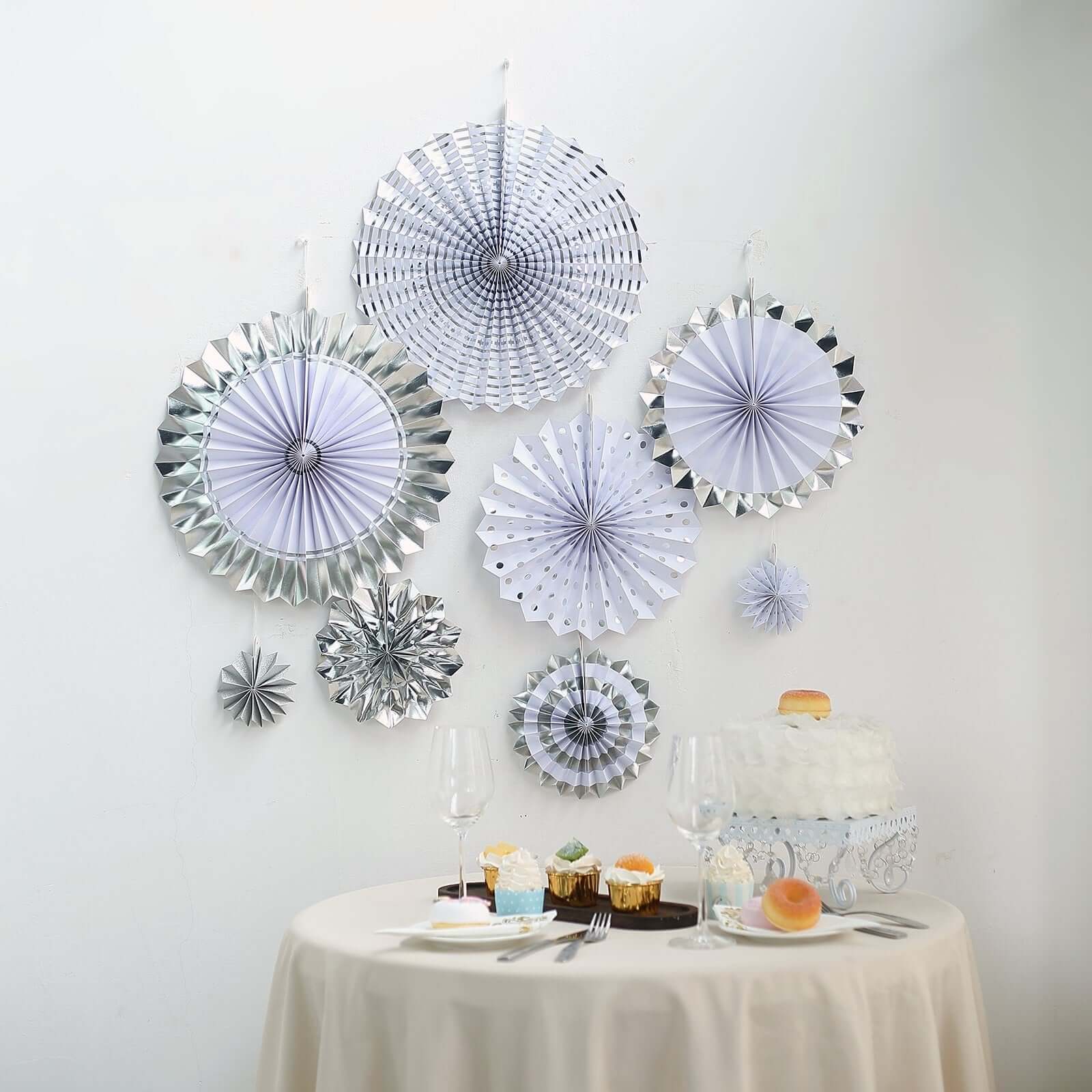 Set of 8 Silver / White Hanging Paper Fan Decorations, Pinwheel Wall Backdrop Party Kit 4", 8", 12", 16" - Image 3