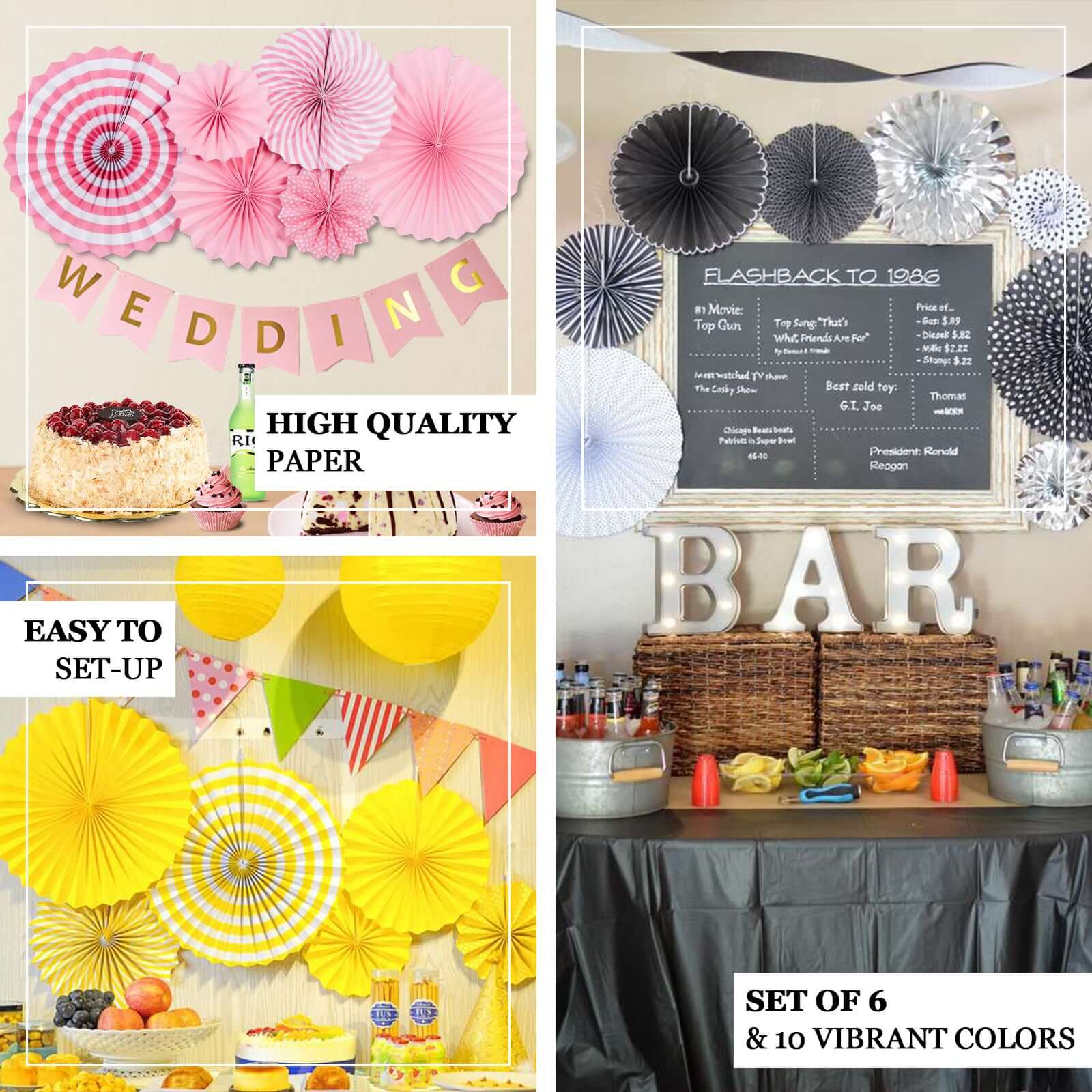 Set of 8 Silver / White Hanging Paper Fan Decorations, Pinwheel Wall Backdrop Party Kit 4", 8", 12", 16" - Image 5