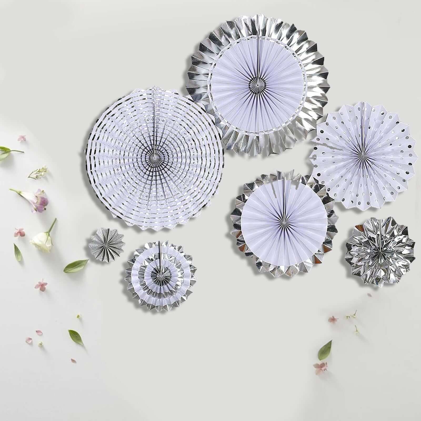Set of 8 Silver / White Hanging Paper Fan Decorations, Pinwheel Wall Backdrop Party Kit 4", 8", 12", 16" - Image 8