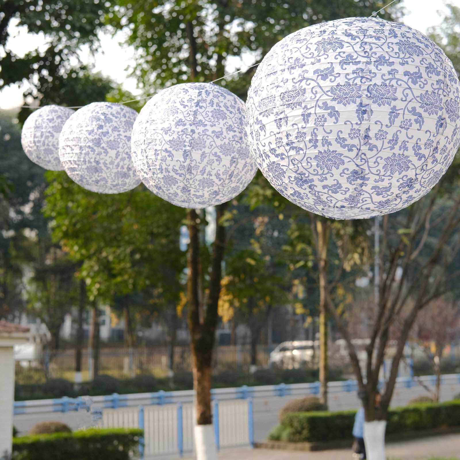 Set of 8 White Blue Hanging Paper Lanterns in French Toile Floral Pattern, Chinese Festival Lanterns - 6",8",10",14" - Image 10