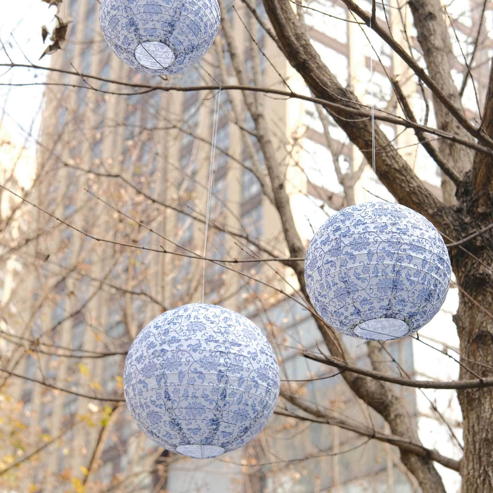 Set of 8 White Blue Hanging Paper Lanterns in French Toile Floral Pattern, Chinese Festival Lanterns - 6",8",10",14" - Image 6