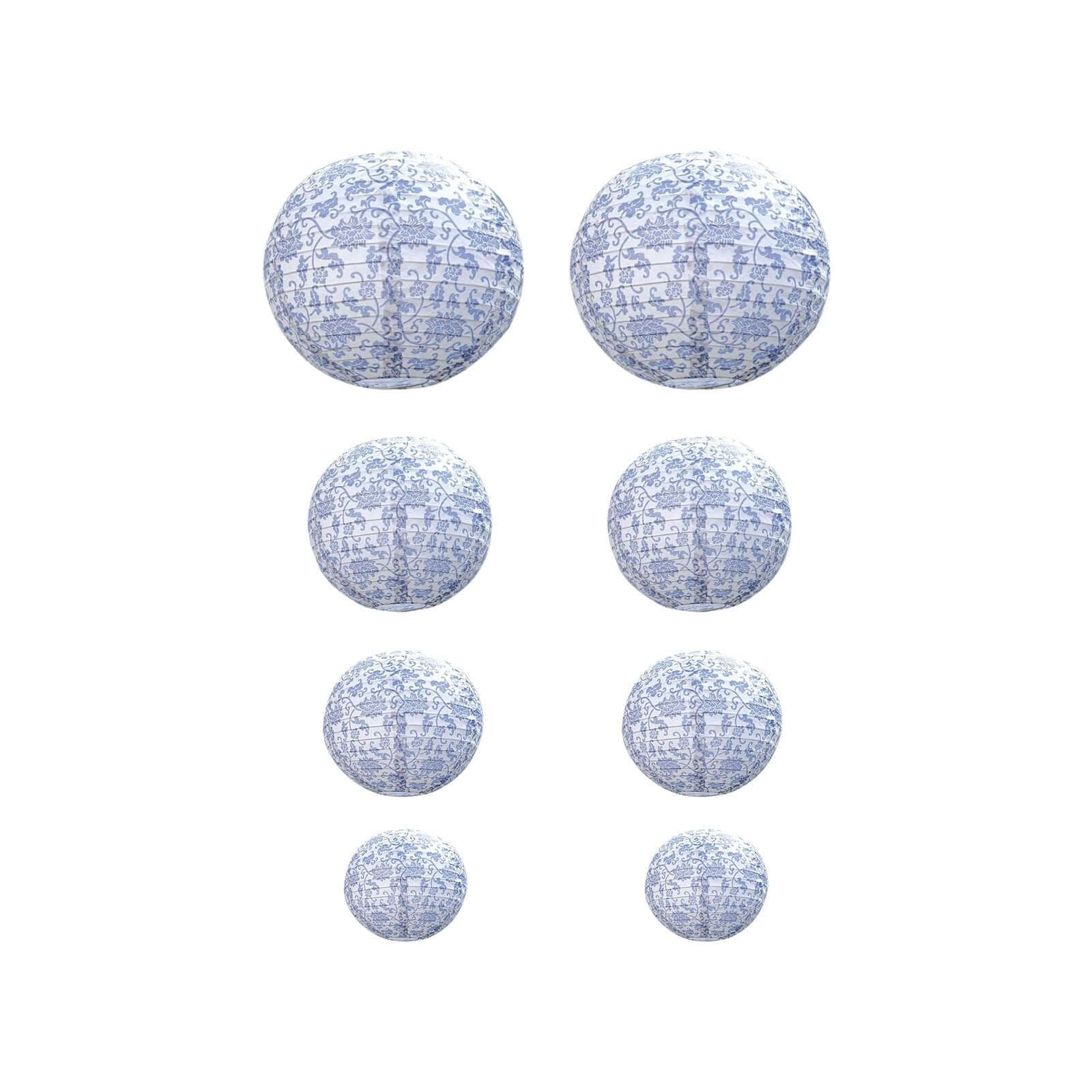 Set of 8 White Blue Hanging Paper Lanterns in French Toile Floral Pattern, Chinese Festival Lanterns - 6",8",10",14" - Image 9