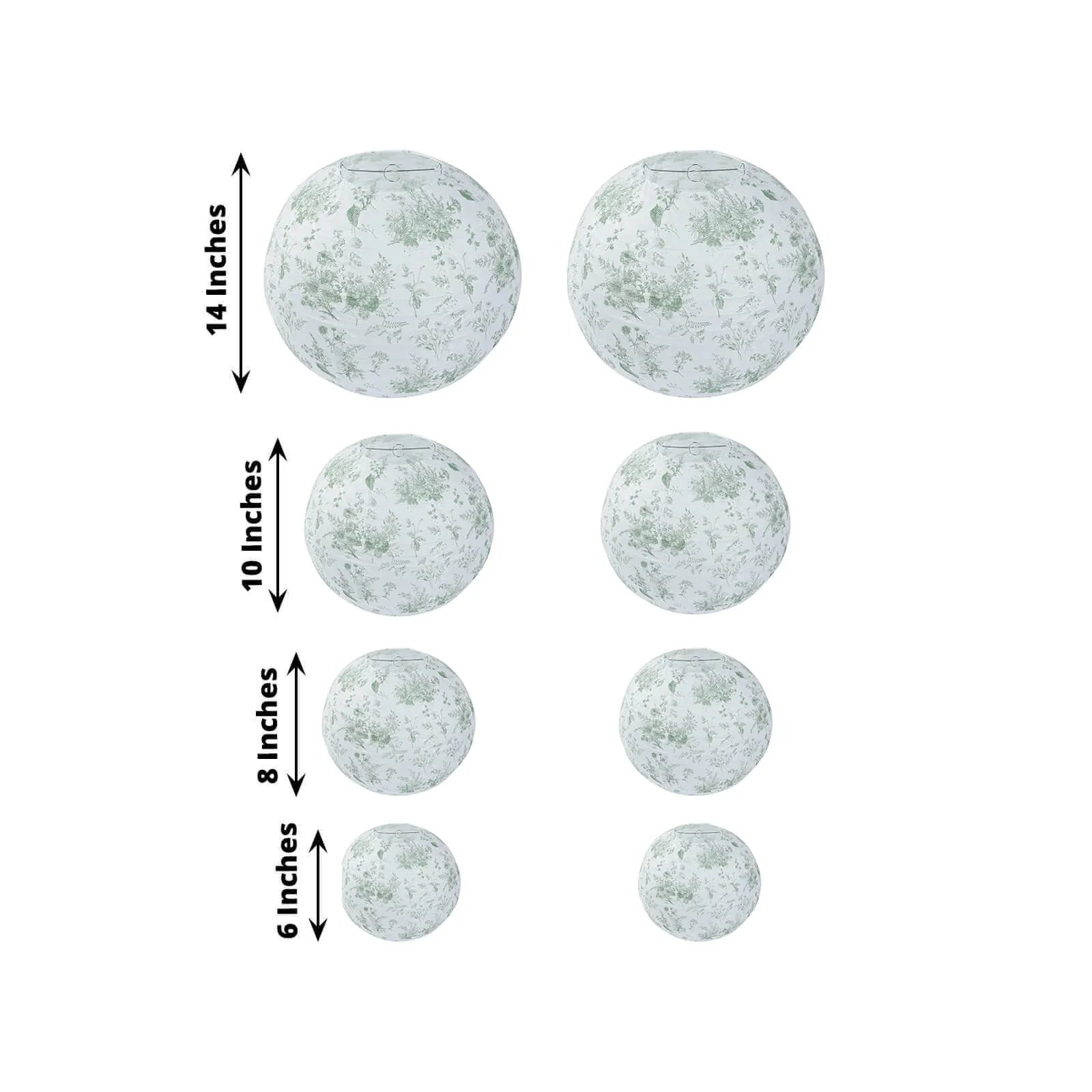 Set of 8 White Sage Green Hanging Paper Lanterns in French Toile Floral Pattern, Chinese Festival Lanterns - 6",8",10",14" - Image 2