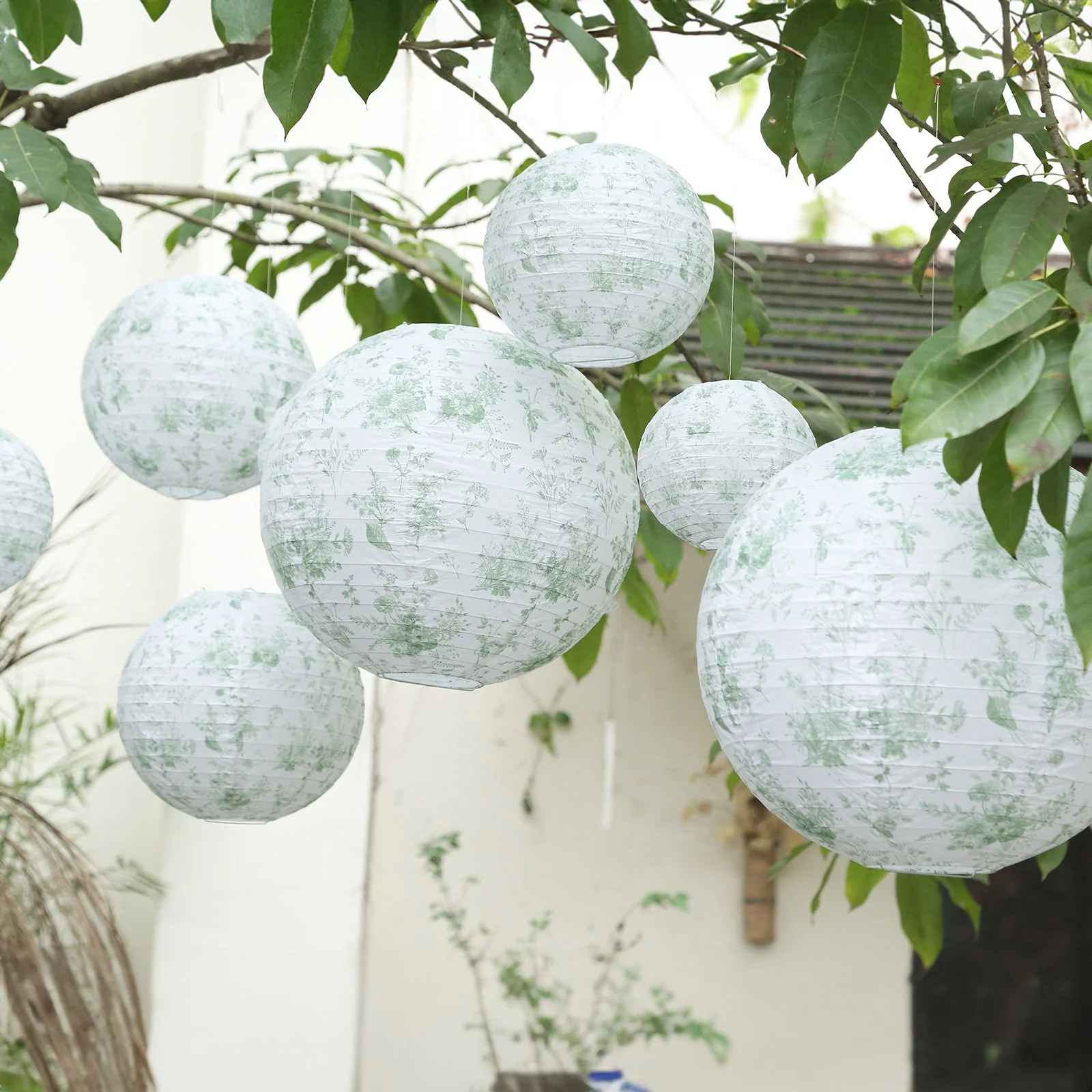 Set of 8 White Sage Green Hanging Paper Lanterns in French Toile Floral Pattern, Chinese Festival Lanterns - 6",8",10",14" - Image 3