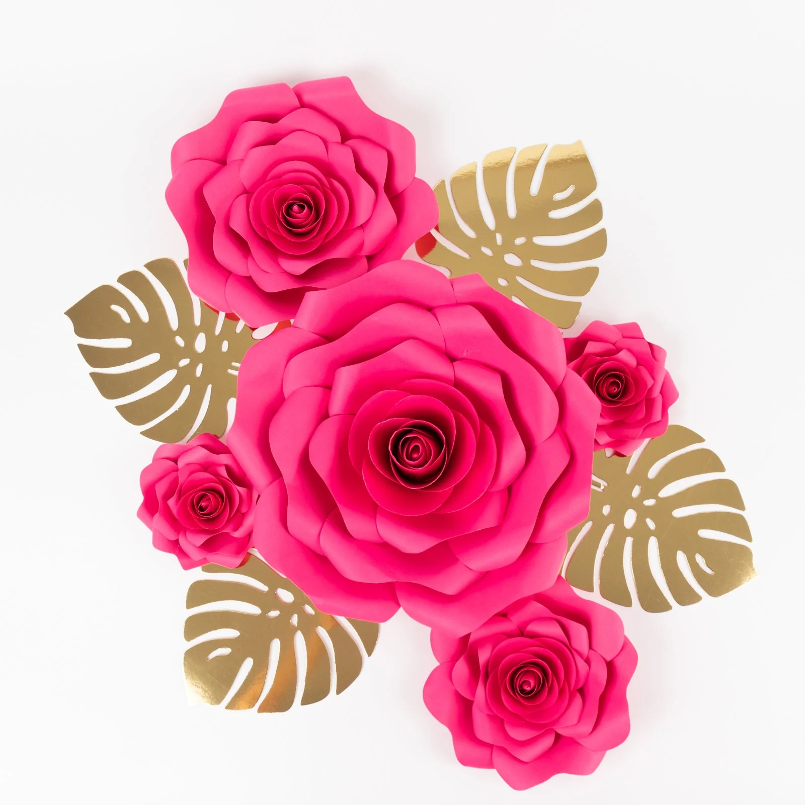 Set of 9 Fuchsia 3D Rose Paper Flowers with Gold Monstera Leaves, Nursery Flower Backdrop Hanging Wall Decor