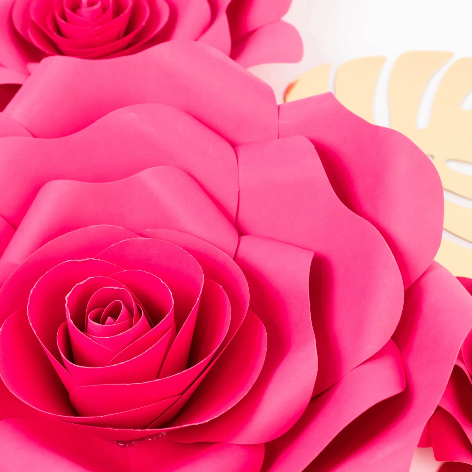 Set of 9 Fuchsia 3D Rose Paper Flowers with Gold Monstera Leaves, Nursery Flower Backdrop Hanging Wall Decor - Image 10