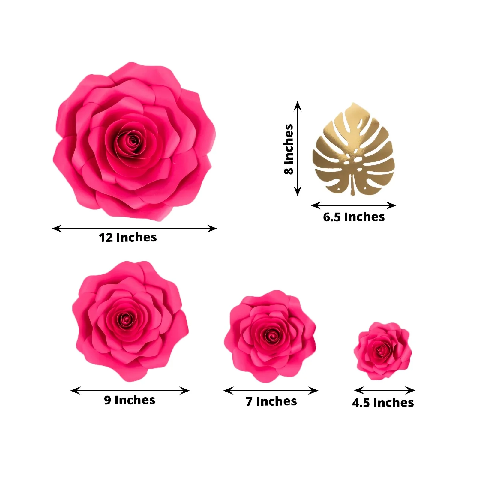 Set of 9 Fuchsia 3D Rose Paper Flowers with Gold Monstera Leaves, Nursery Flower Backdrop Hanging Wall Decor - Image 3