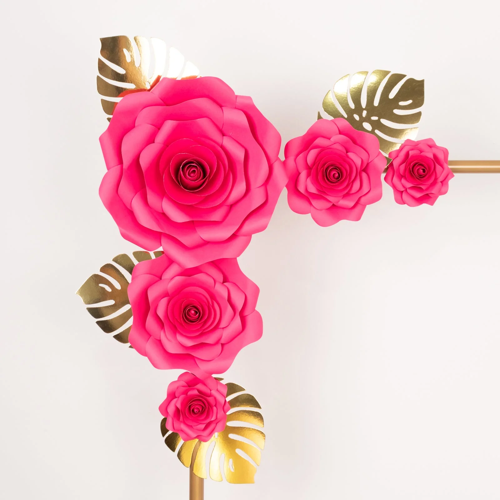 Set of 9 Fuchsia 3D Rose Paper Flowers with Gold Monstera Leaves, Nursery Flower Backdrop Hanging Wall Decor - Image 6