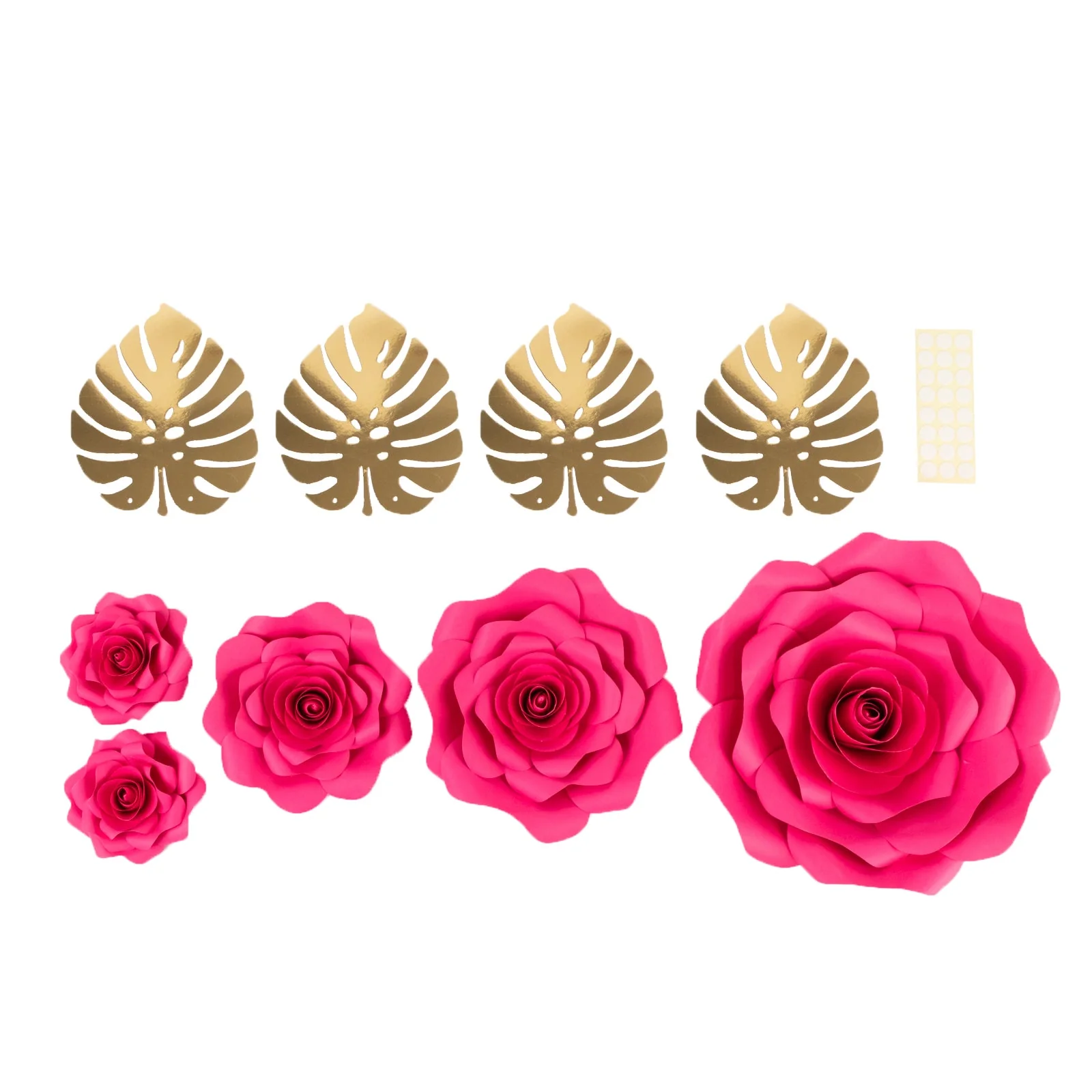 Set of 9 Fuchsia 3D Rose Paper Flowers with Gold Monstera Leaves, Nursery Flower Backdrop Hanging Wall Decor - Image 7
