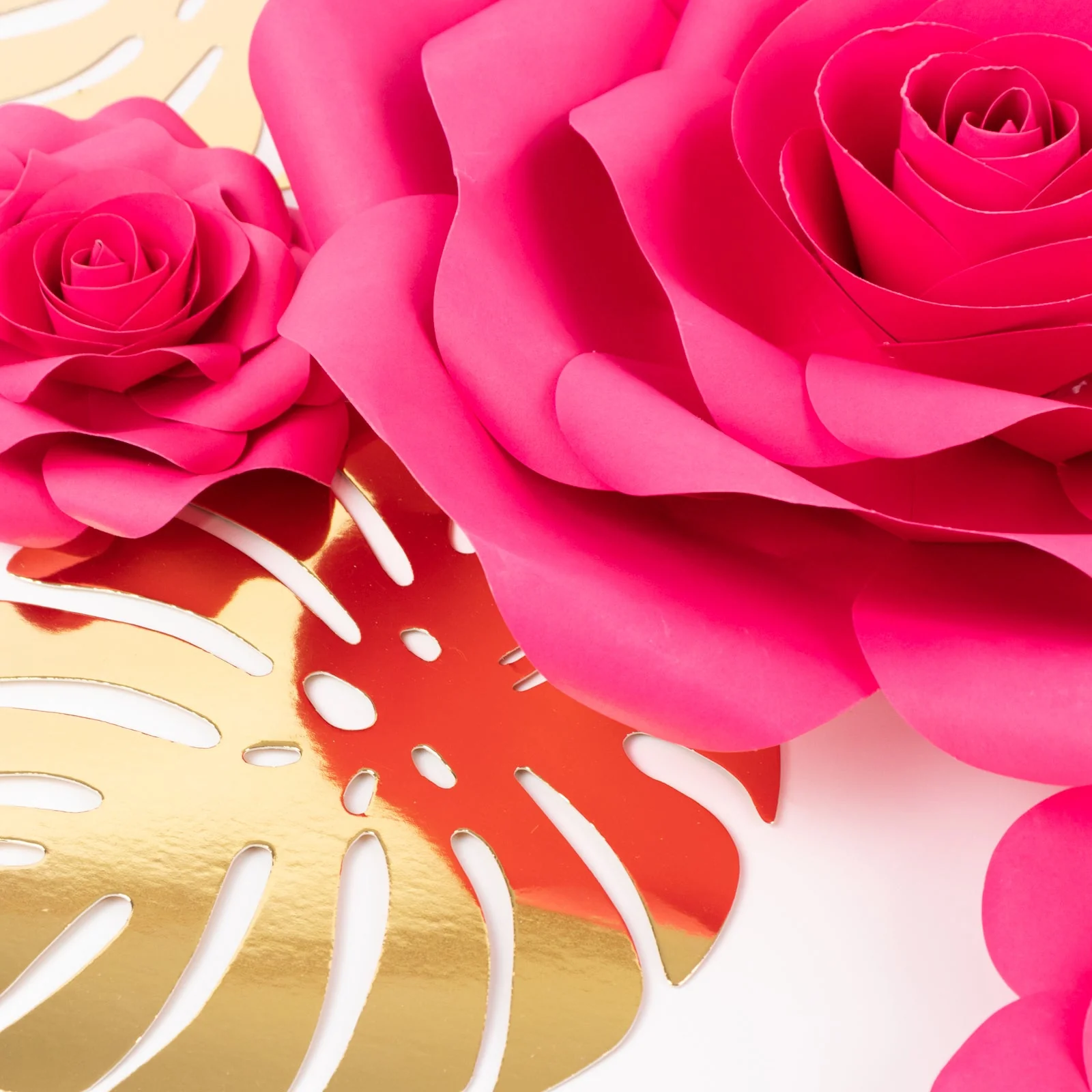 Set of 9 Fuchsia 3D Rose Paper Flowers with Gold Monstera Leaves, Nursery Flower Backdrop Hanging Wall Decor - Image 8