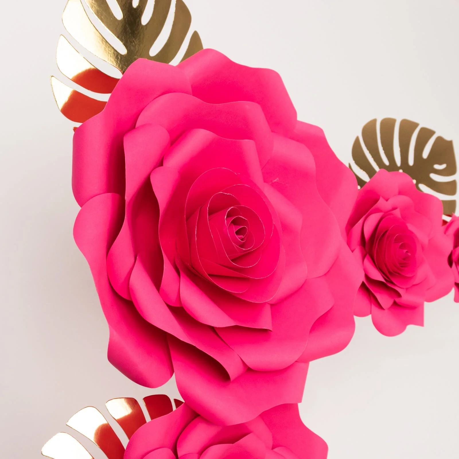 Set of 9 Fuchsia 3D Rose Paper Flowers with Gold Monstera Leaves, Nursery Flower Backdrop Hanging Wall Decor - Image 9