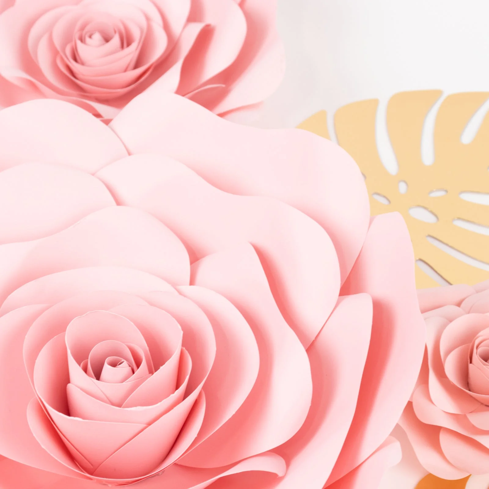Set of 9 Pink 3D Rose Paper Flowers with Gold Monstera Leaves, Nursery Flower Backdrop Hanging Wall Decor - Image 10