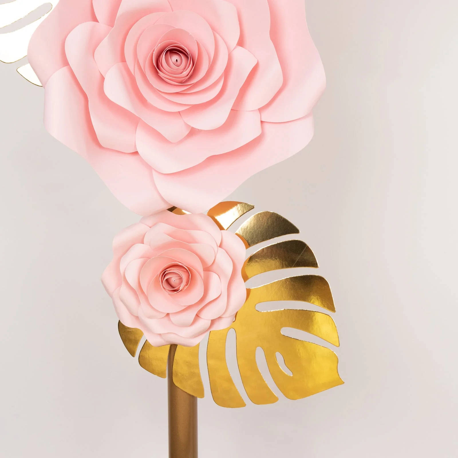 Set of 9 Pink 3D Rose Paper Flowers with Gold Monstera Leaves, Nursery Flower Backdrop Hanging Wall Decor - Image 2