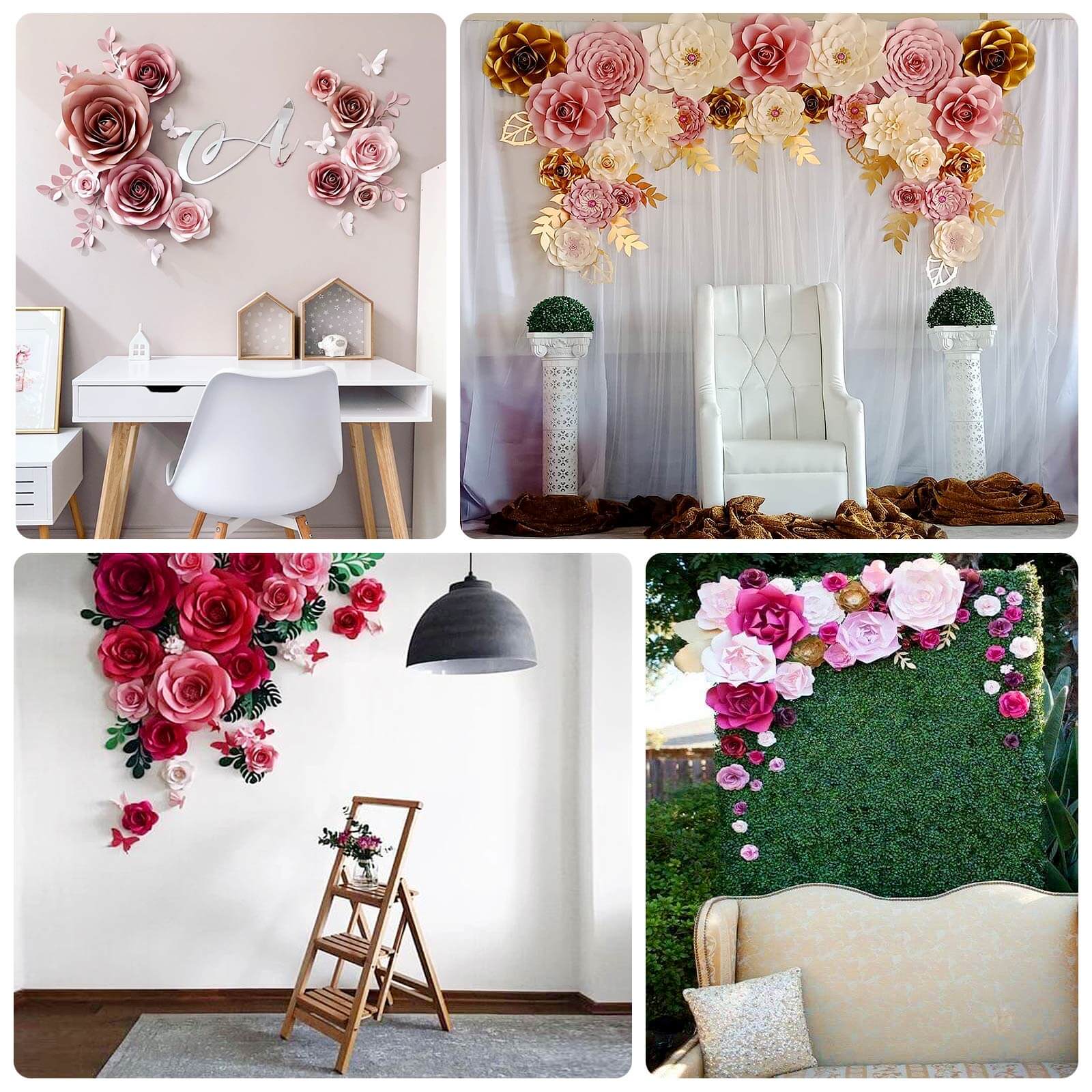 Set of 9 Pink 3D Rose Paper Flowers with Gold Monstera Leaves, Nursery Flower Backdrop Hanging Wall Decor - Image 5