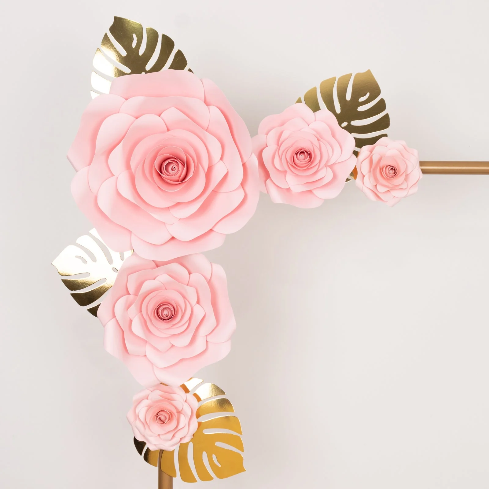 Set of 9 Pink 3D Rose Paper Flowers with Gold Monstera Leaves, Nursery Flower Backdrop Hanging Wall Decor - Image 6