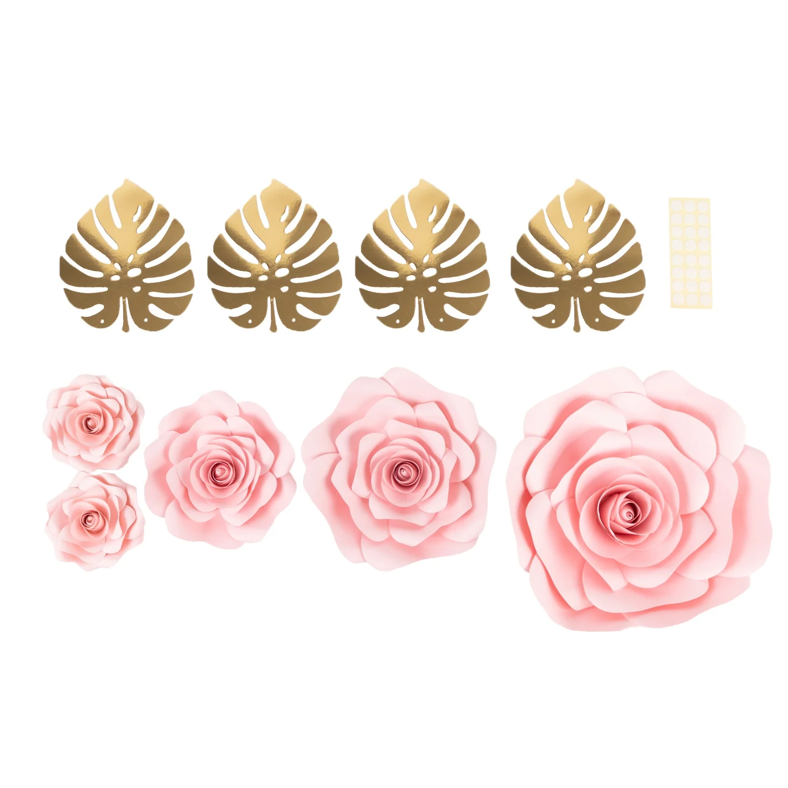 Set of 9 Pink 3D Rose Paper Flowers with Gold Monstera Leaves, Nursery Flower Backdrop Hanging Wall Decor - Image 7