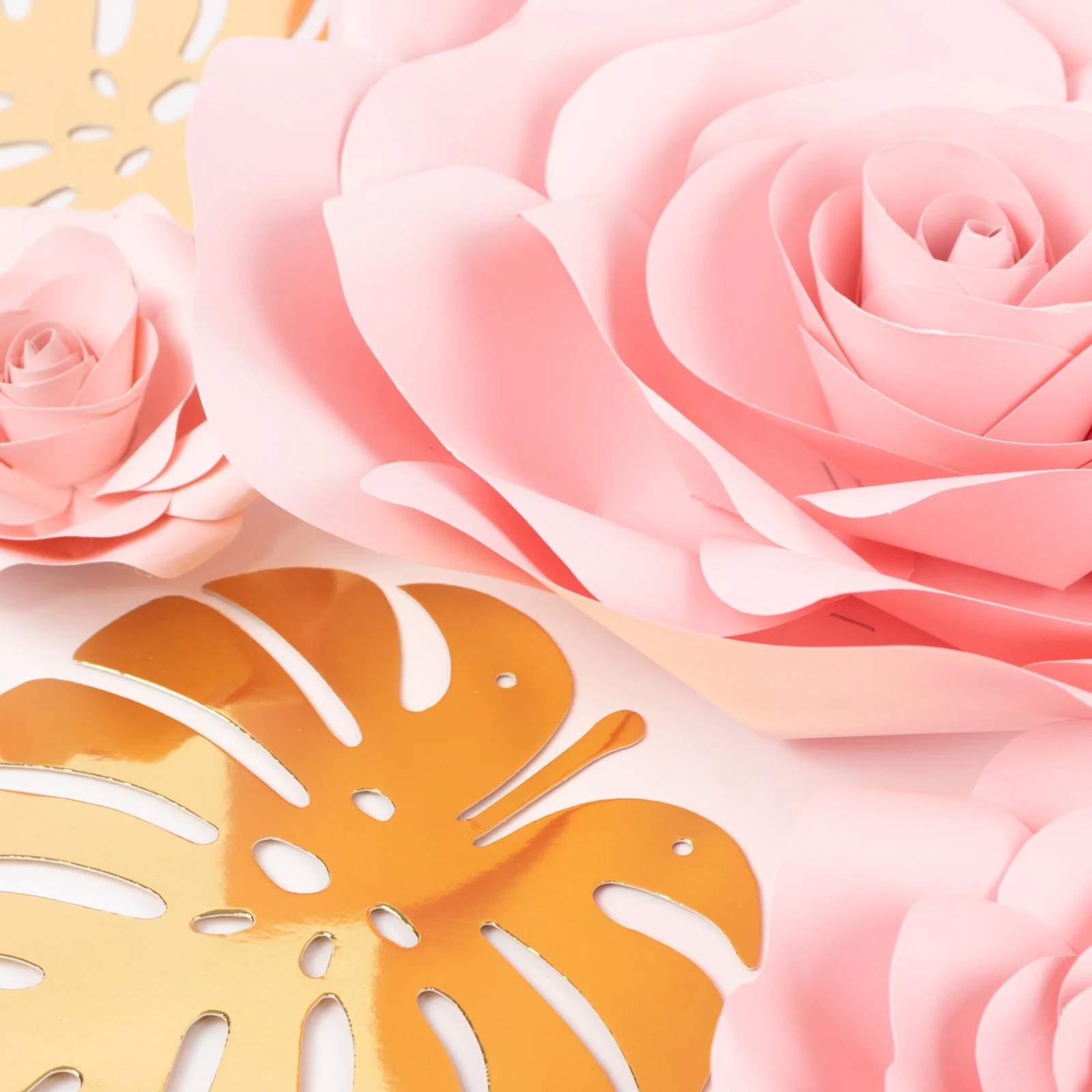 Set of 9 Pink 3D Rose Paper Flowers with Gold Monstera Leaves, Nursery Flower Backdrop Hanging Wall Decor - Image 8