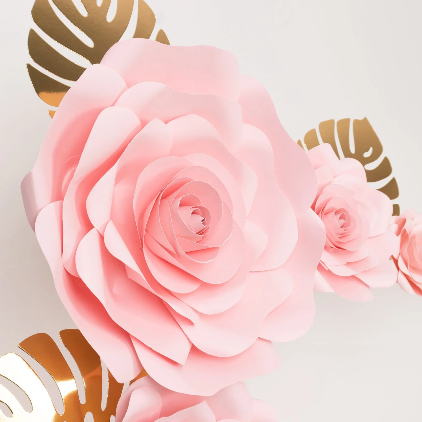 Set of 9 Pink 3D Rose Paper Flowers with Gold Monstera Leaves, Nursery Flower Backdrop Hanging Wall Decor - Image 9