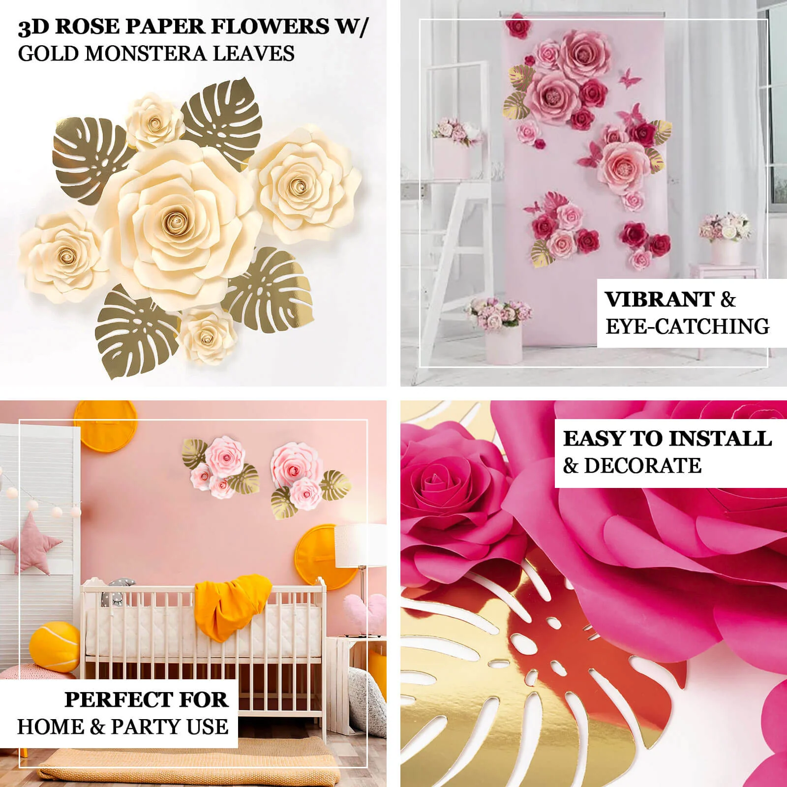 Set of 9 Red 3D Rose Paper Flowers with Gold Monstera Leaves, Nursery Flower Backdrop Hanging Wall Decor - Image 3