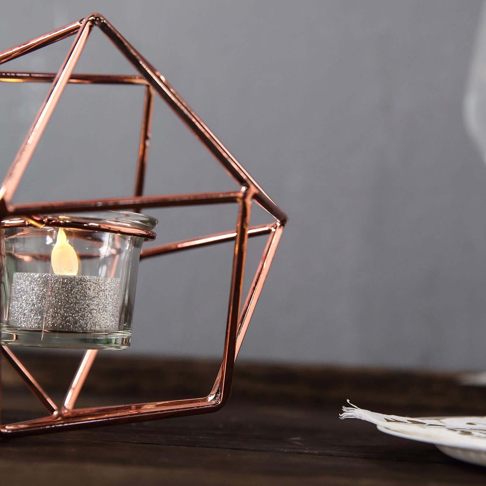 Set of Metal Candle Holders 11" Linked Geometric Design Rose Gold - Sleek Votive Glass Centerpieces for Weddings & Events - Image 11