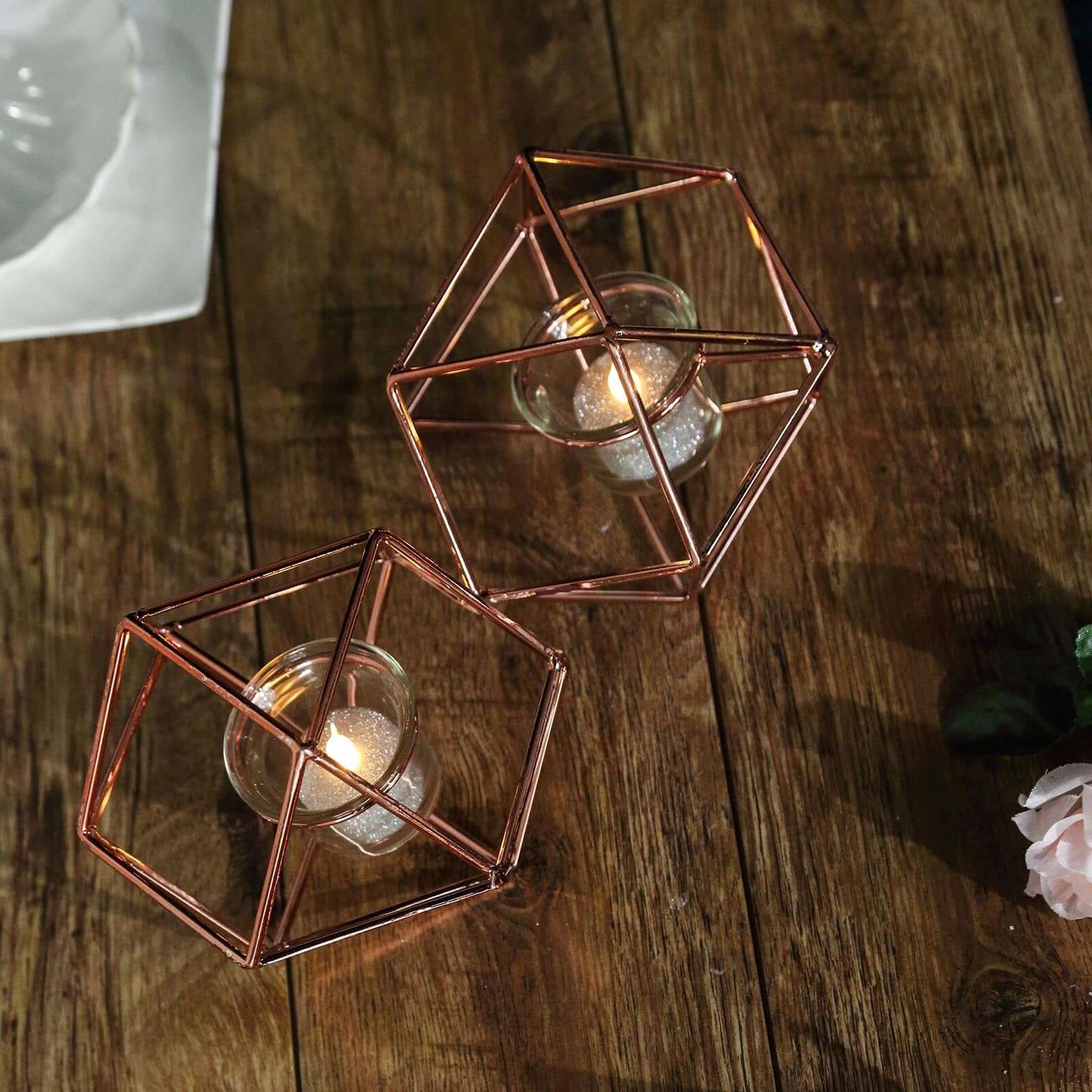 Set of Metal Candle Holders 11" Linked Geometric Design Rose Gold - Sleek Votive Glass Centerpieces for Weddings & Events - Image 12