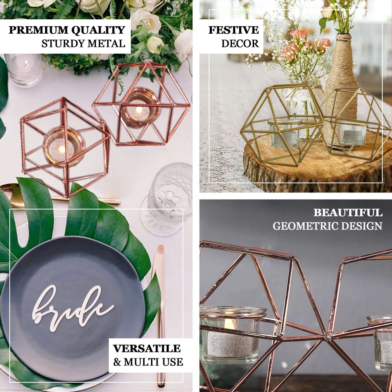 Set of Metal Candle Holders 11" Linked Geometric Design Rose Gold - Sleek Votive Glass Centerpieces for Weddings & Events - Image 4