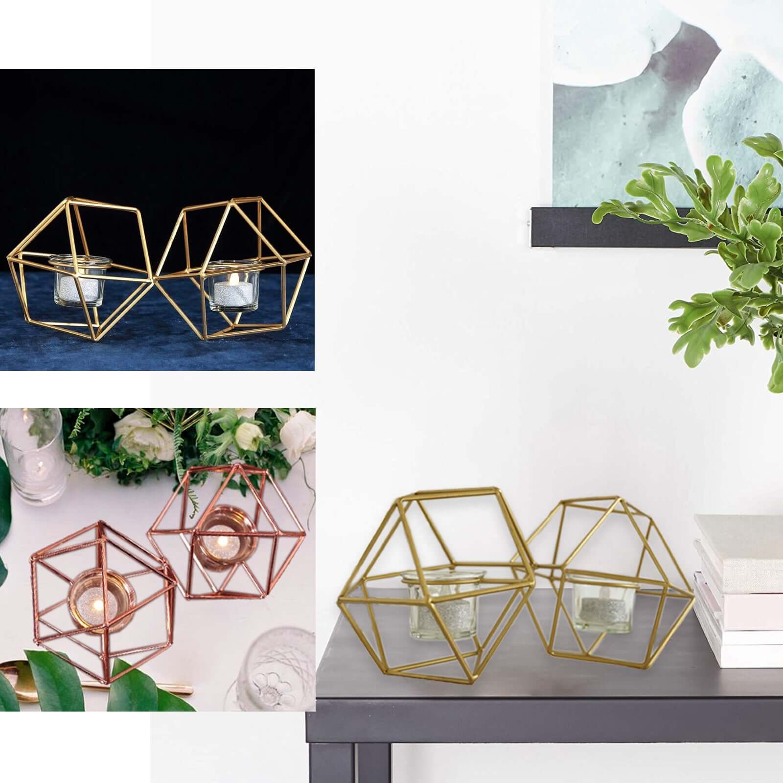 Set of Metal Candle Holders 11" Linked Geometric Design Rose Gold - Sleek Votive Glass Centerpieces for Weddings & Events - Image 5