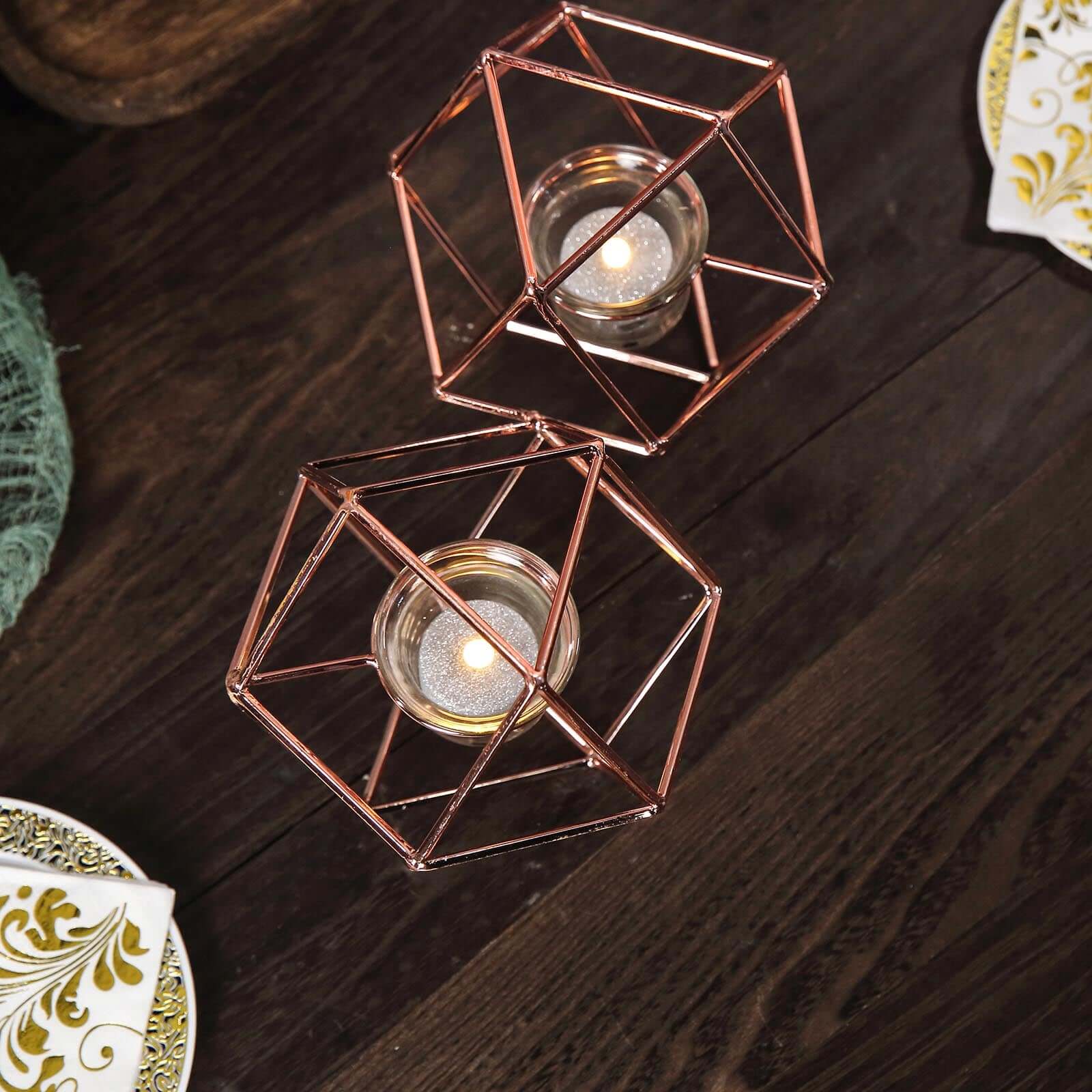 Set of Metal Candle Holders 11" Linked Geometric Design Rose Gold - Sleek Votive Glass Centerpieces for Weddings & Events - Image 8