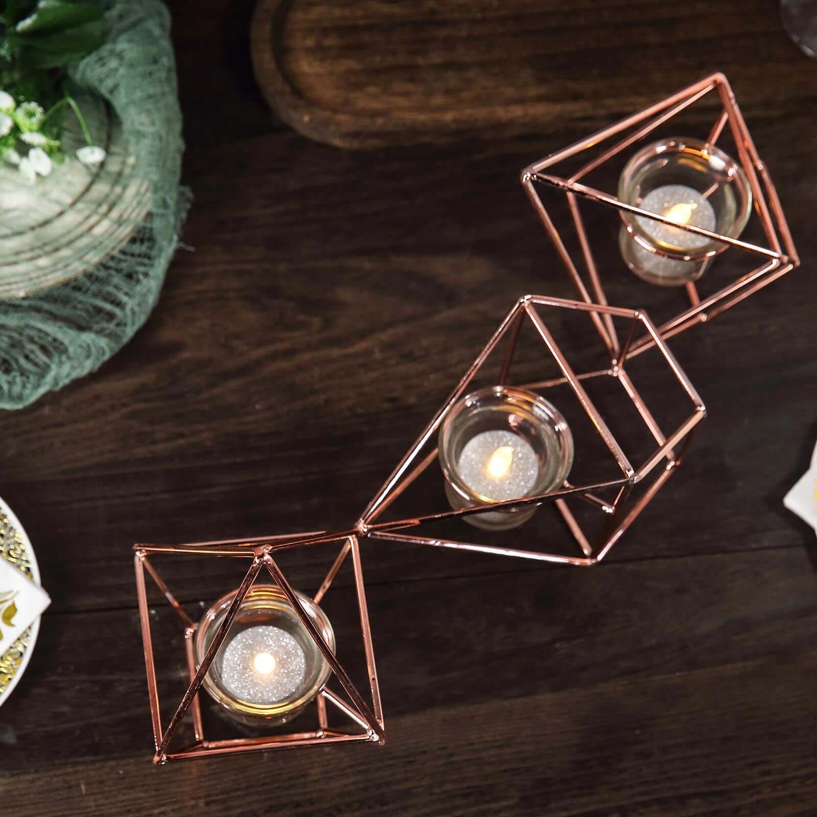 Set of Metal Candle Holders 16" Linked Geometric Design Rose Gold - Stylish Centerpieces with Votive Glass for Weddings & Events - Image 11