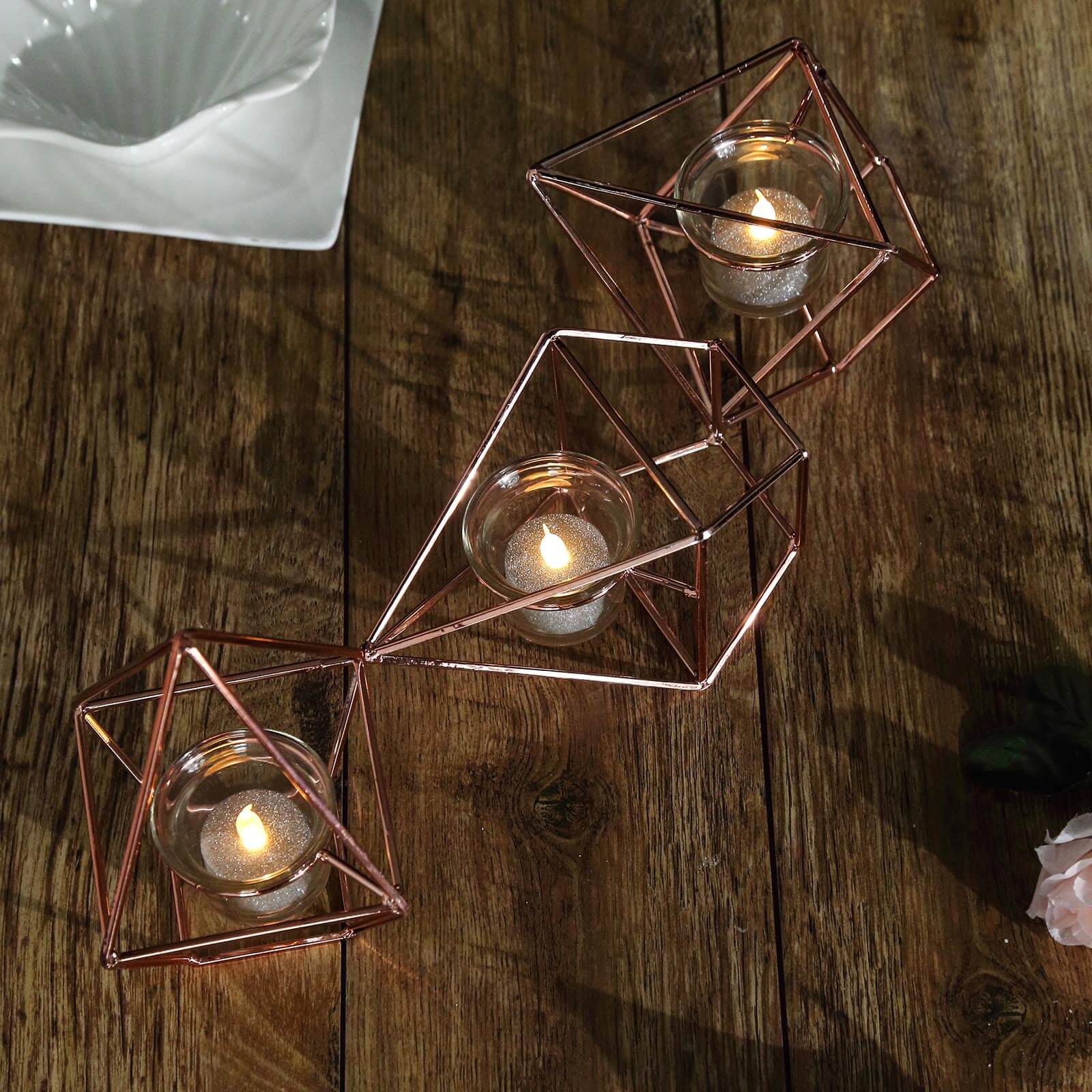 Set of Metal Candle Holders 16" Linked Geometric Design Rose Gold - Stylish Centerpieces with Votive Glass for Weddings & Events - Image 18