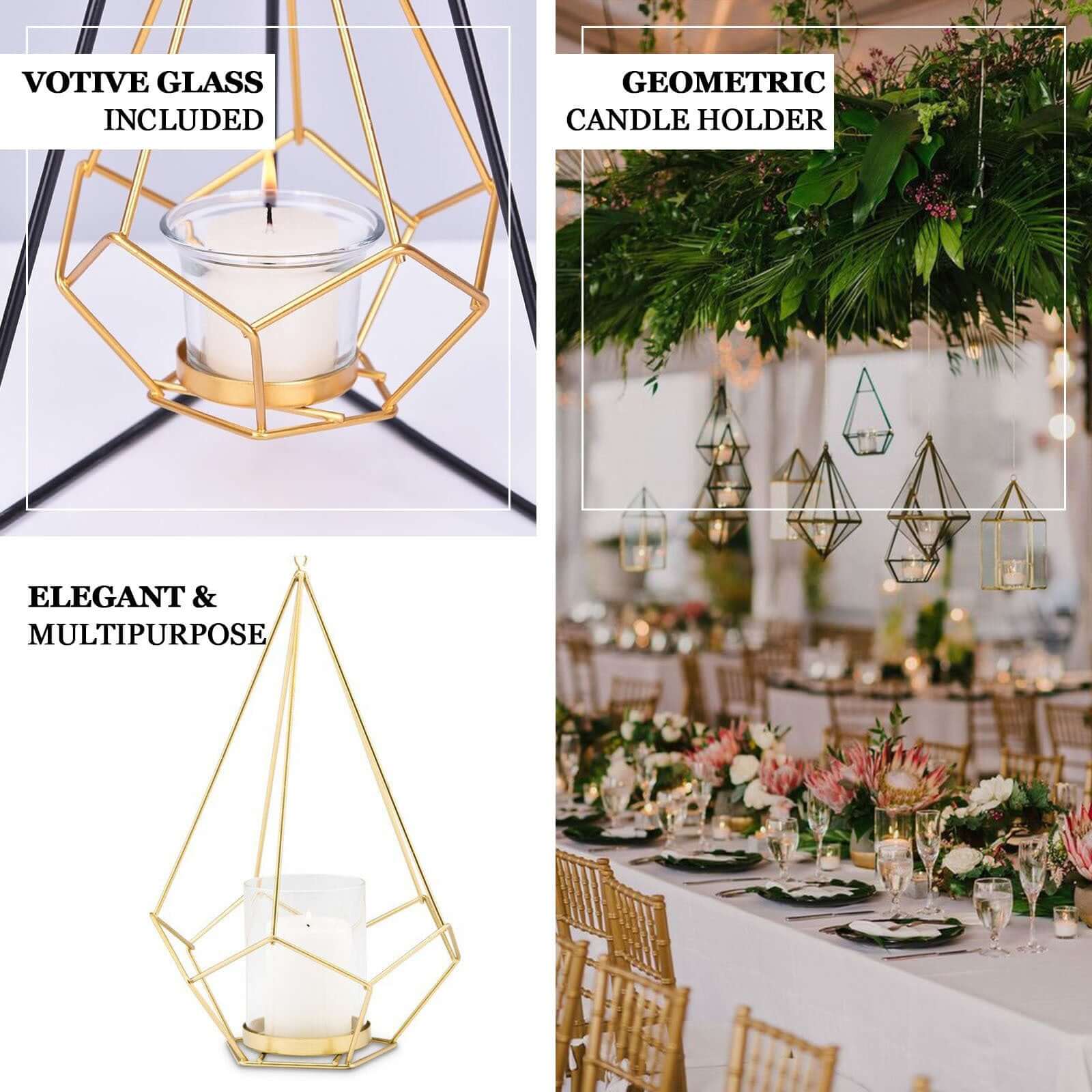 Set of Metal Candle Holders 16" Linked Geometric Design Rose Gold - Stylish Centerpieces with Votive Glass for Weddings & Events - Image 4
